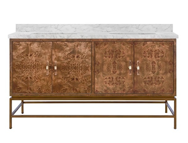 Issac Edwards 60" Double Bath Vanity in Matte Dark Burl Wood and Antique Brass with White Marble Top and Porcelain Sinks