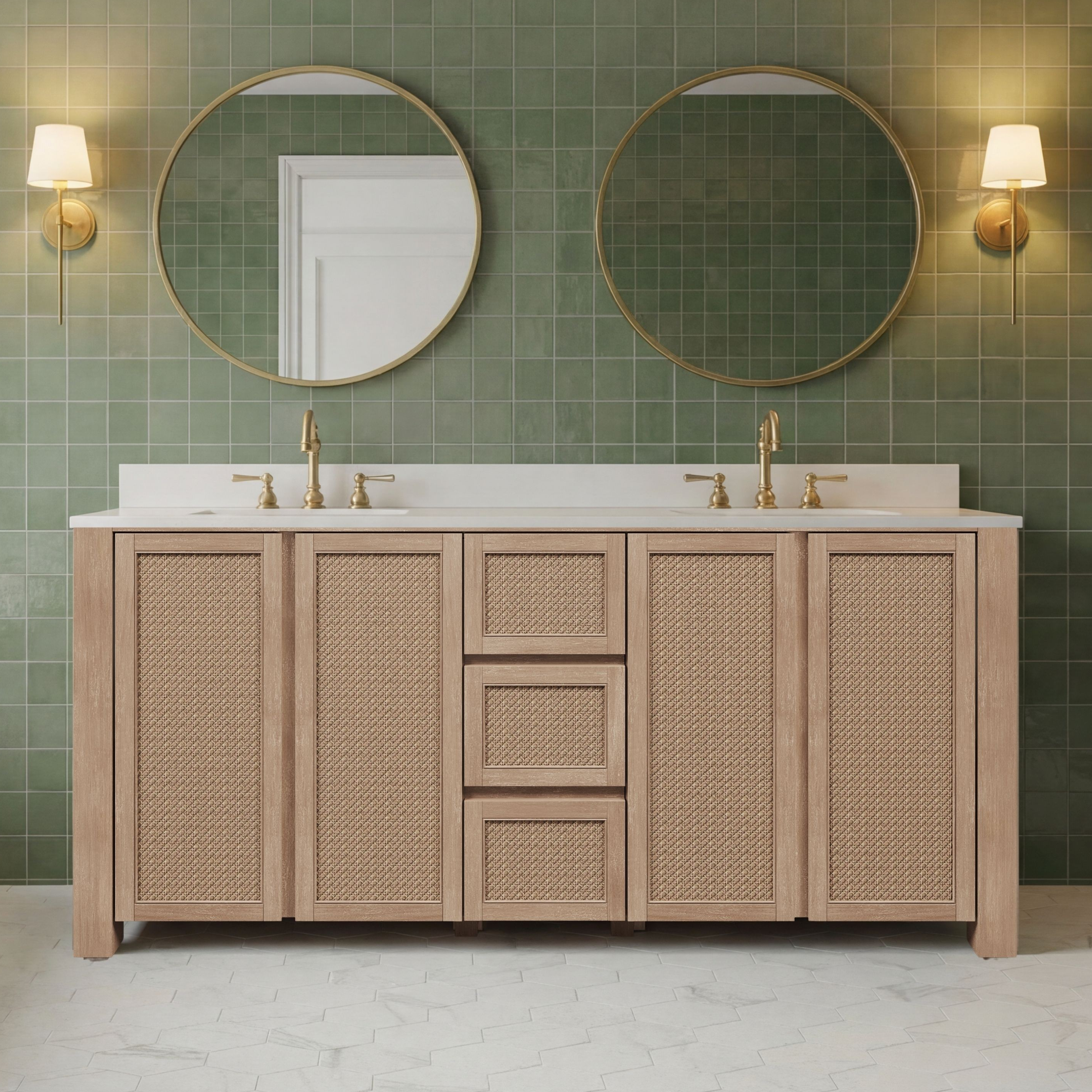 72" Double Sinks Free Standing Toffee Latte Bath Vanity with White Marble Top Assembled