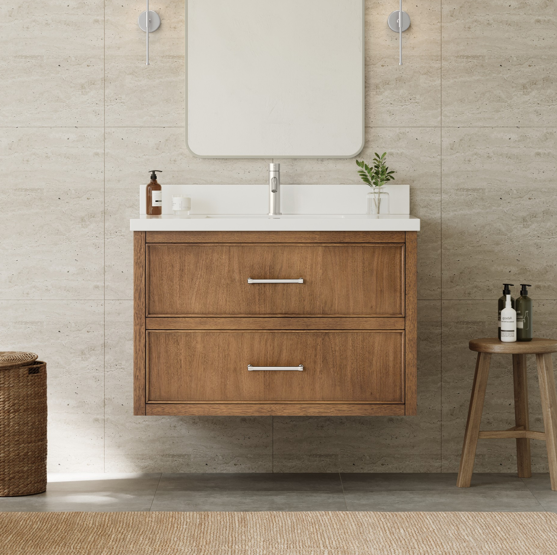 36" Single Wall Mounted Bathroom Vanity in Toasted Walnut, Base only, Brushed Nickel Trim with Countertop Options and Hardware Option