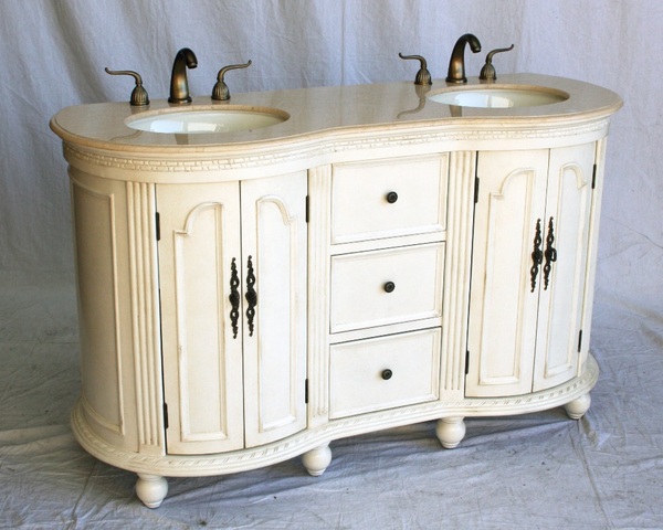 60" Adelina Antique Style Double Sink Bathroom Vanity in Antique White Wooden Cabinet Finish with Beige Stone Countertop