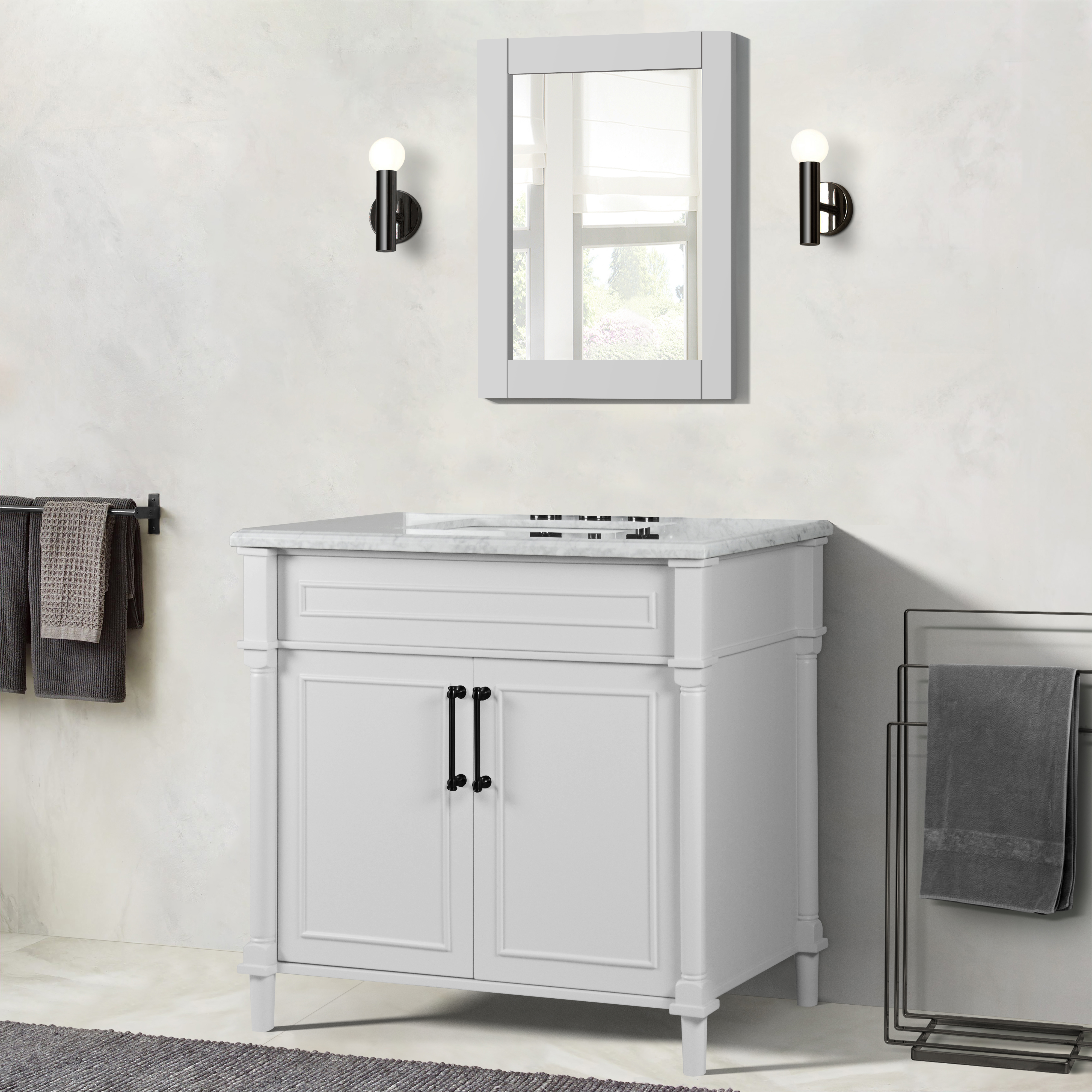 36" Single Vanity in White with White Carrara Marble Top