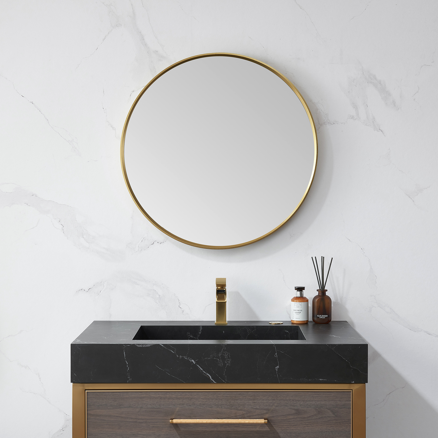 LV 28 in. W x 28 in. H Round Metal Wall Mirror in Brushed Gold with 2 Frame Color Options