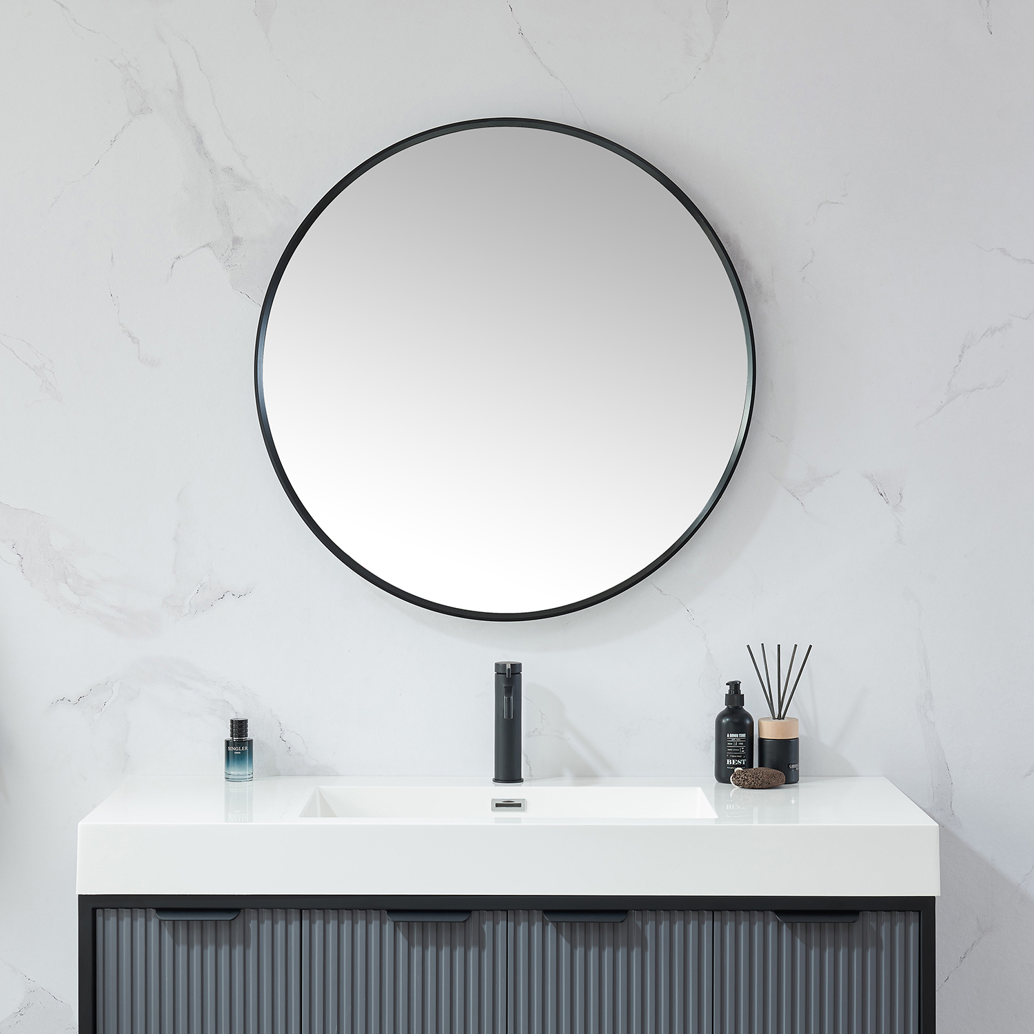 LV 32 in. W x 32 in. H Round Metal Wall Mirror in Brushed Black with 2 Frame Color Options