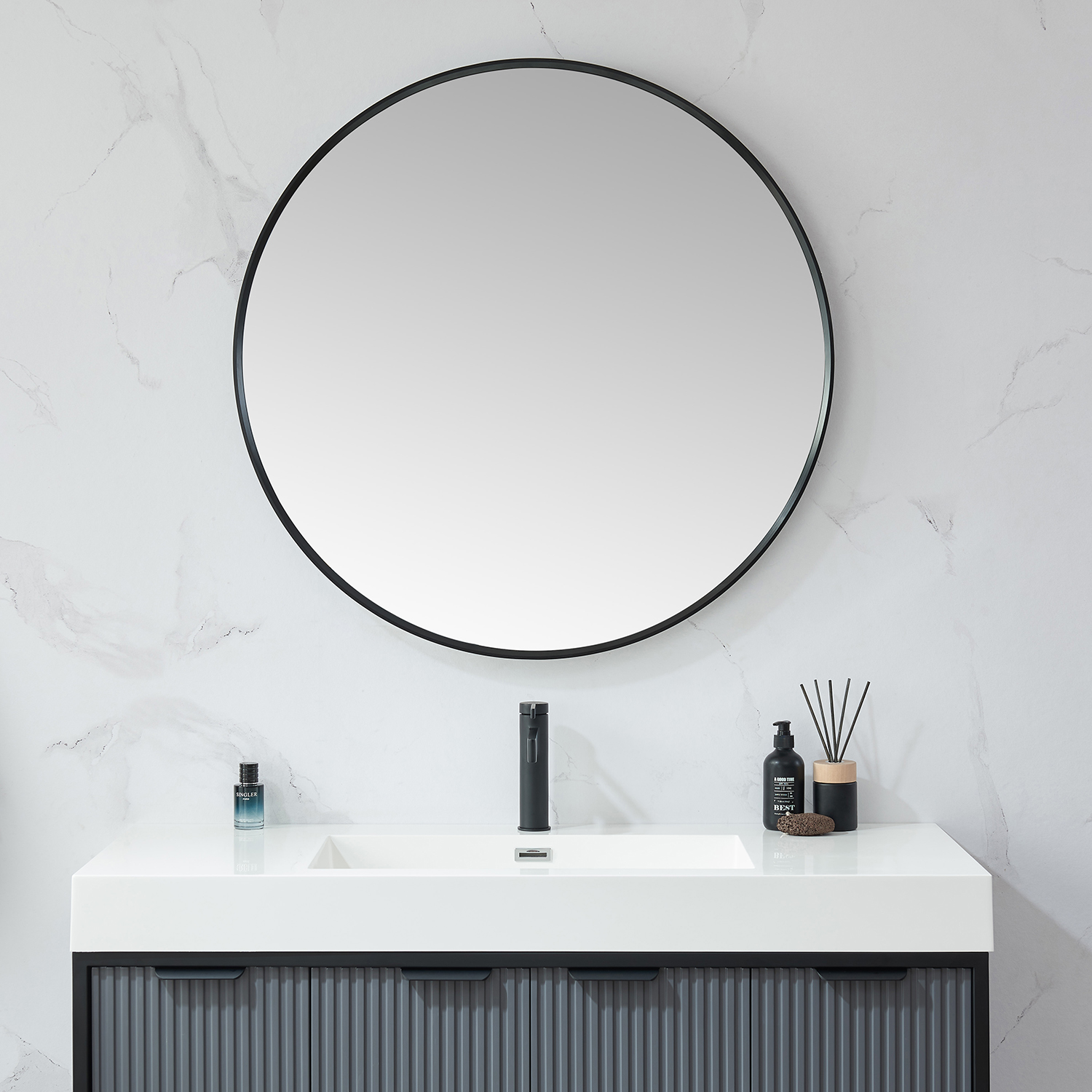 LV 35.4 in. W x 35.4 in. H Round Metal Wall Mirror in Brushed Black with 2 Frame Color Options