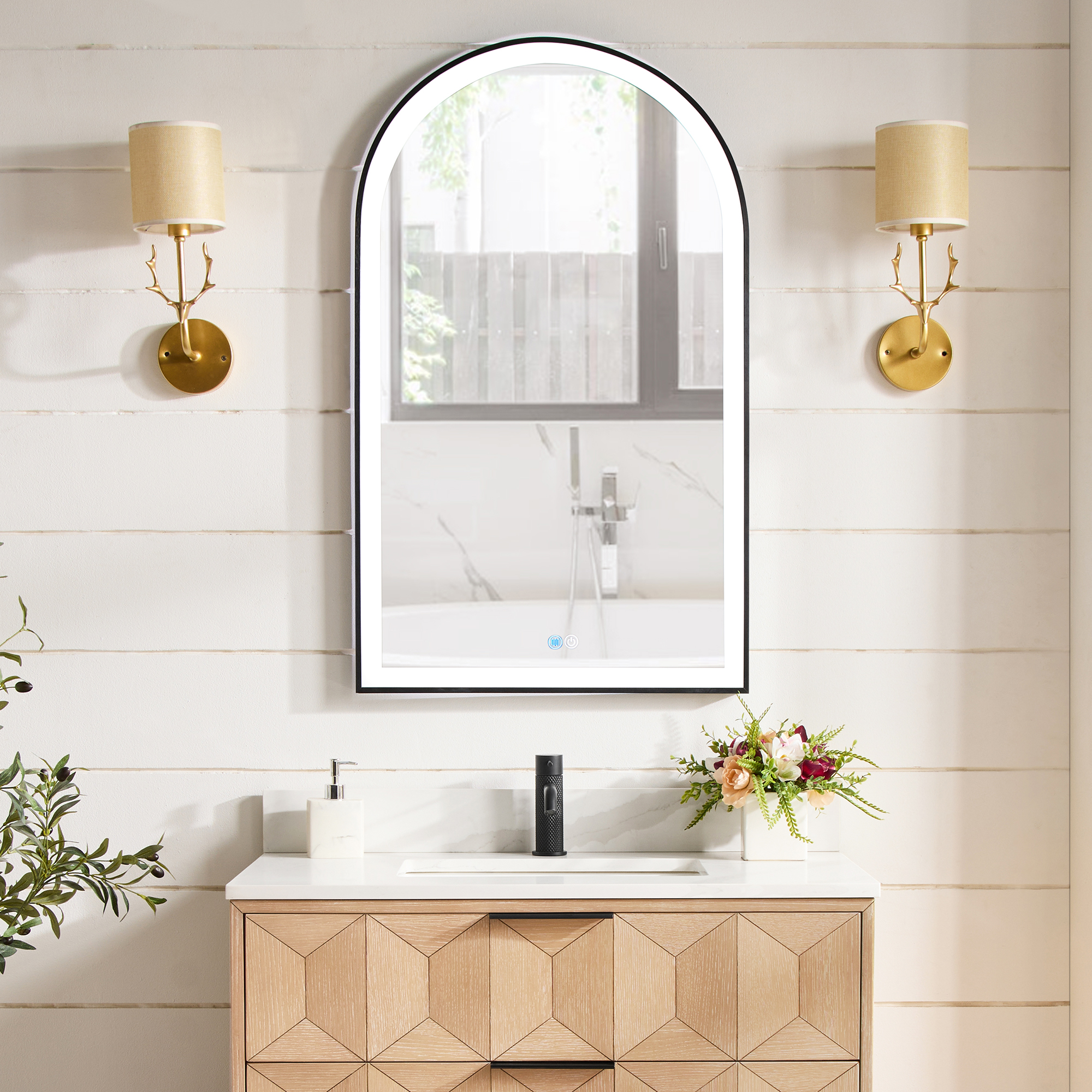 LV 24 in. W x 40 in. H Arch Aluminum Framed LED Wall Mount Bathroom Vanity Mirror in Brushed Black