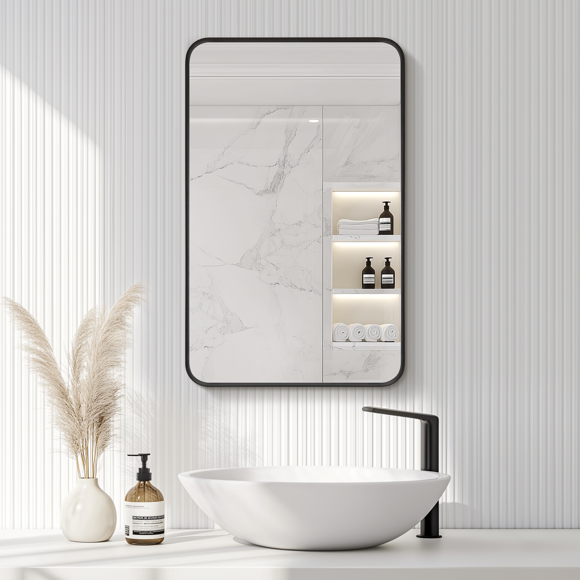 LV 20 in. W x 32 in. H Rectangular Aluminum Framed Medicine Cabinet in Brushed Black