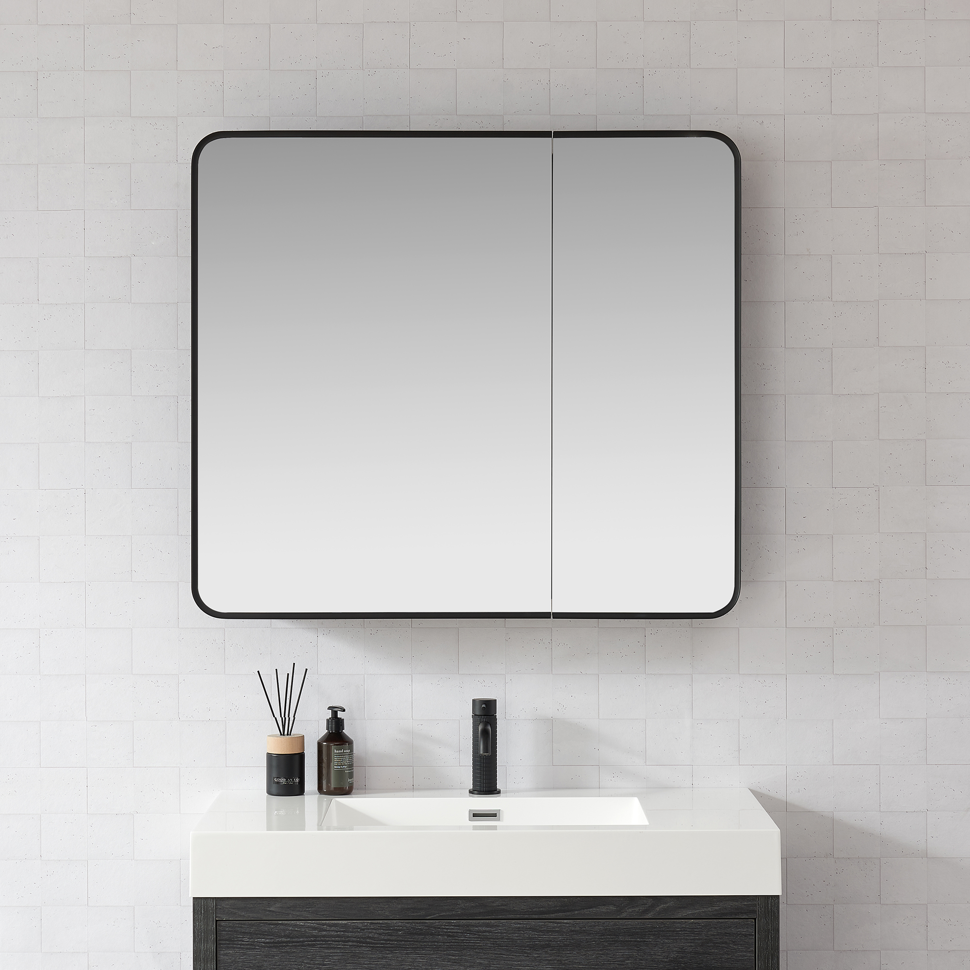 LV 36 in. W x 32 in. H Rectangular Aluminum Framed Medicine Cabinet in Brushed Black