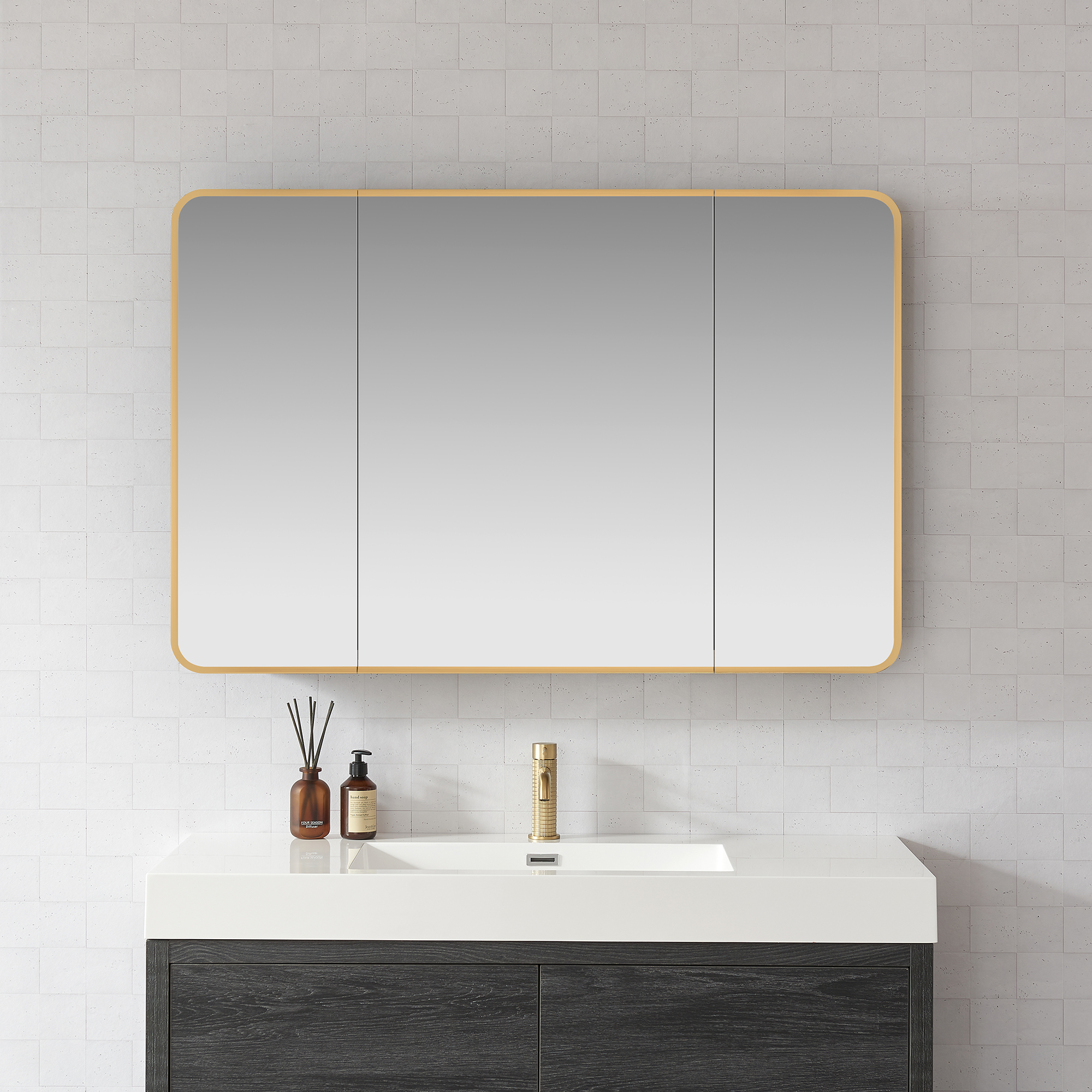 LV 48 in. W x 32 in. H Rectangular Aluminum Framed Medicine Cabinet in Brushed Gold