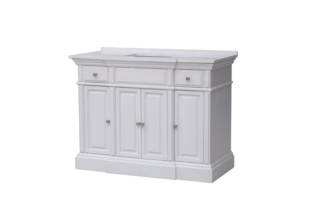 48" Single Sink Gardenia White Marble Top Distressed White Finish Vanity