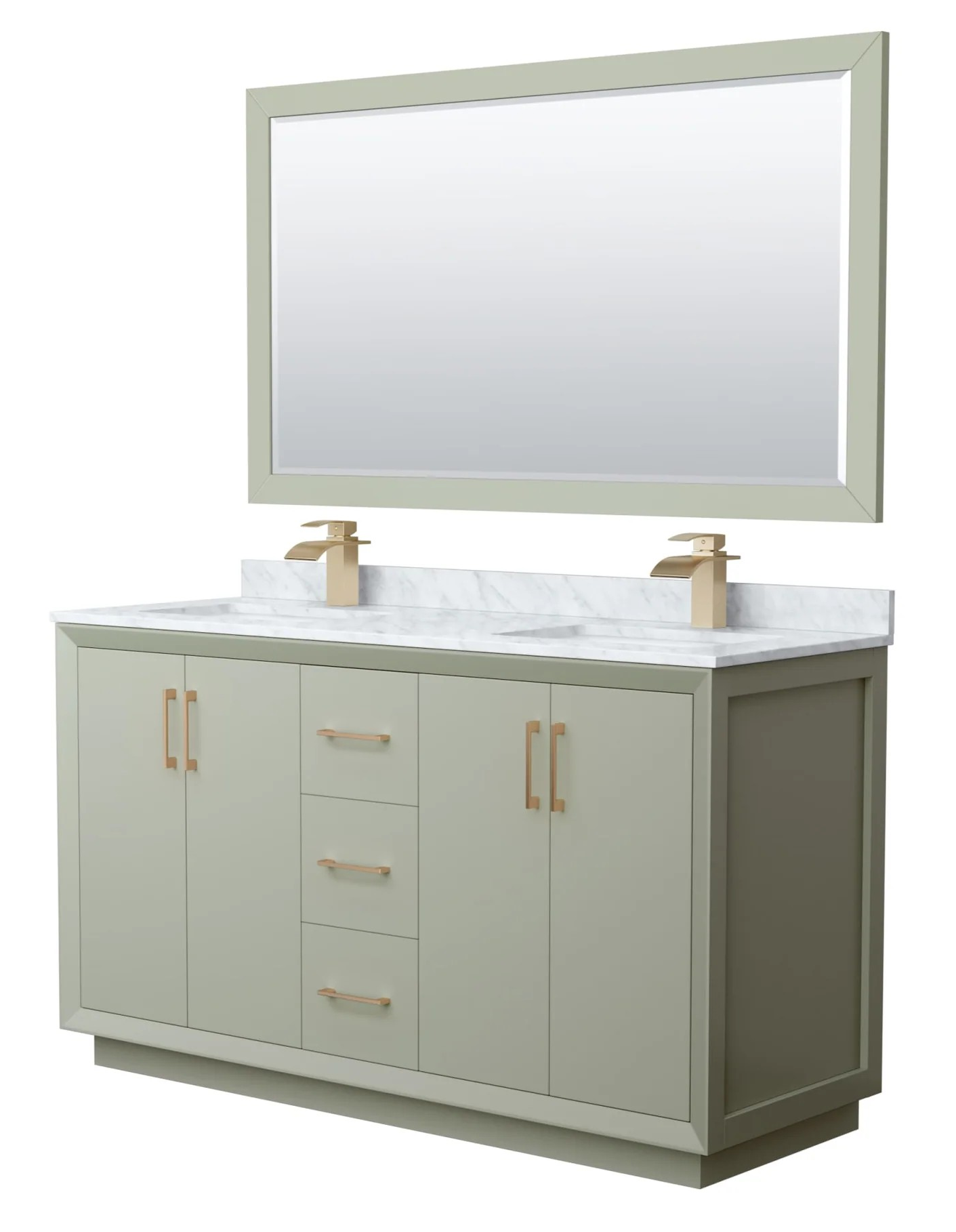 60" Transitional Double Vanity Base in Light Green, 3 Top Option, with 3 Hardware Options and Mirror Option