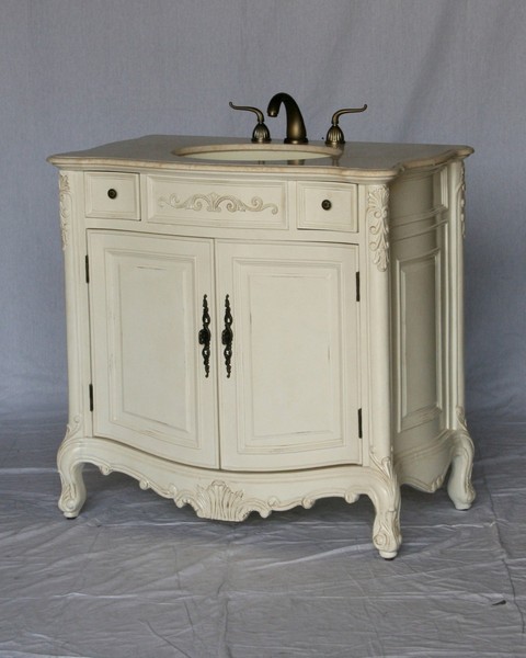 36" Adelina Antique Style White Single Sink Bathroom Vanity with Beige Stone Countertop