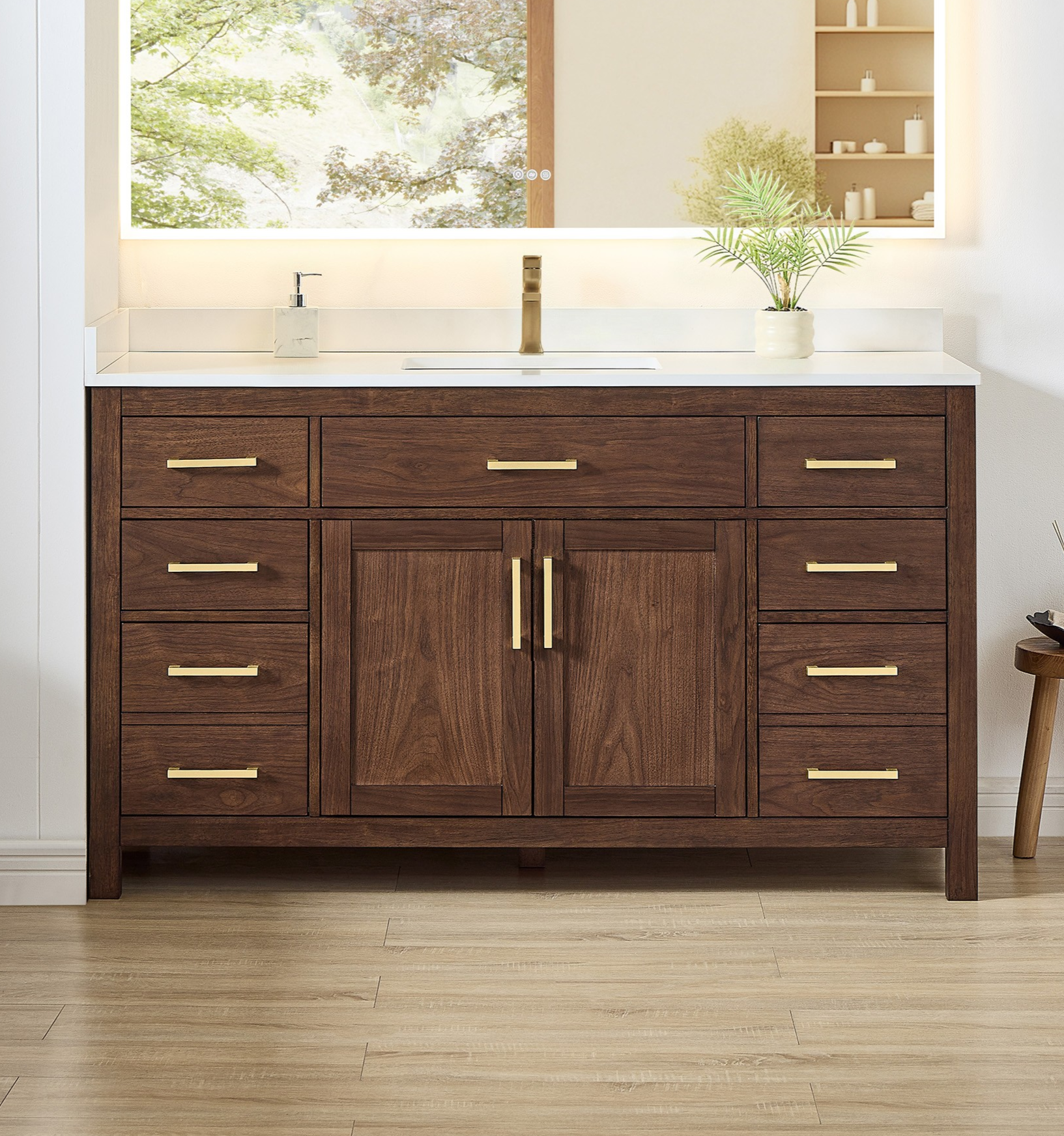 60 Inch Single Bathroom Vanity in Dark Walnut, Brushed Gold Trim with 3 Hardware Options and Countertop Options