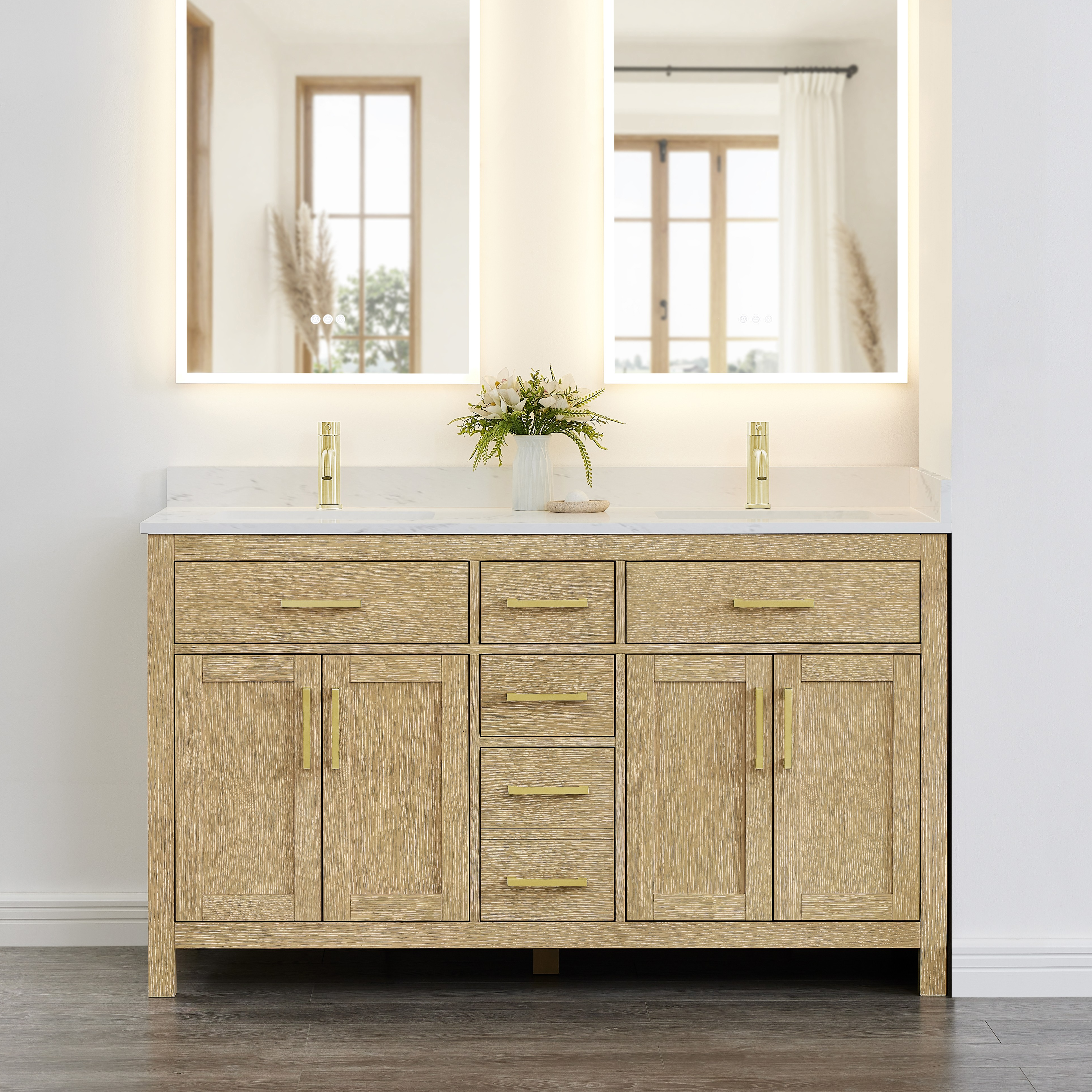 60 Inch Double Bathroom Vanity in Whitewashed Oak, Matte Black Trim with 3 Hardware Options and Countertop Options