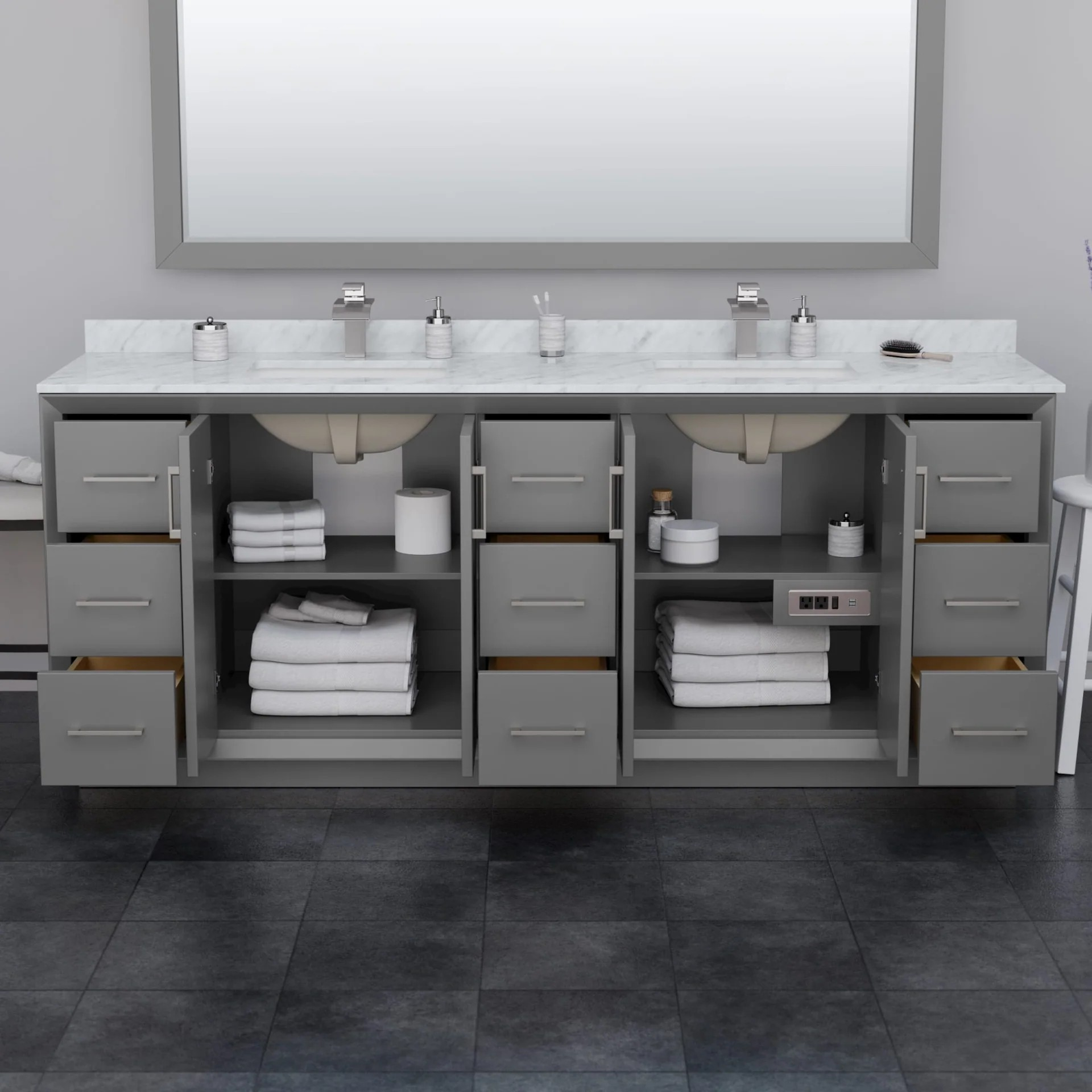 84" Transitional Double Vanity Base in Dark Grey, 3 Top Option, with 3 Hardware Options and Mirror Option