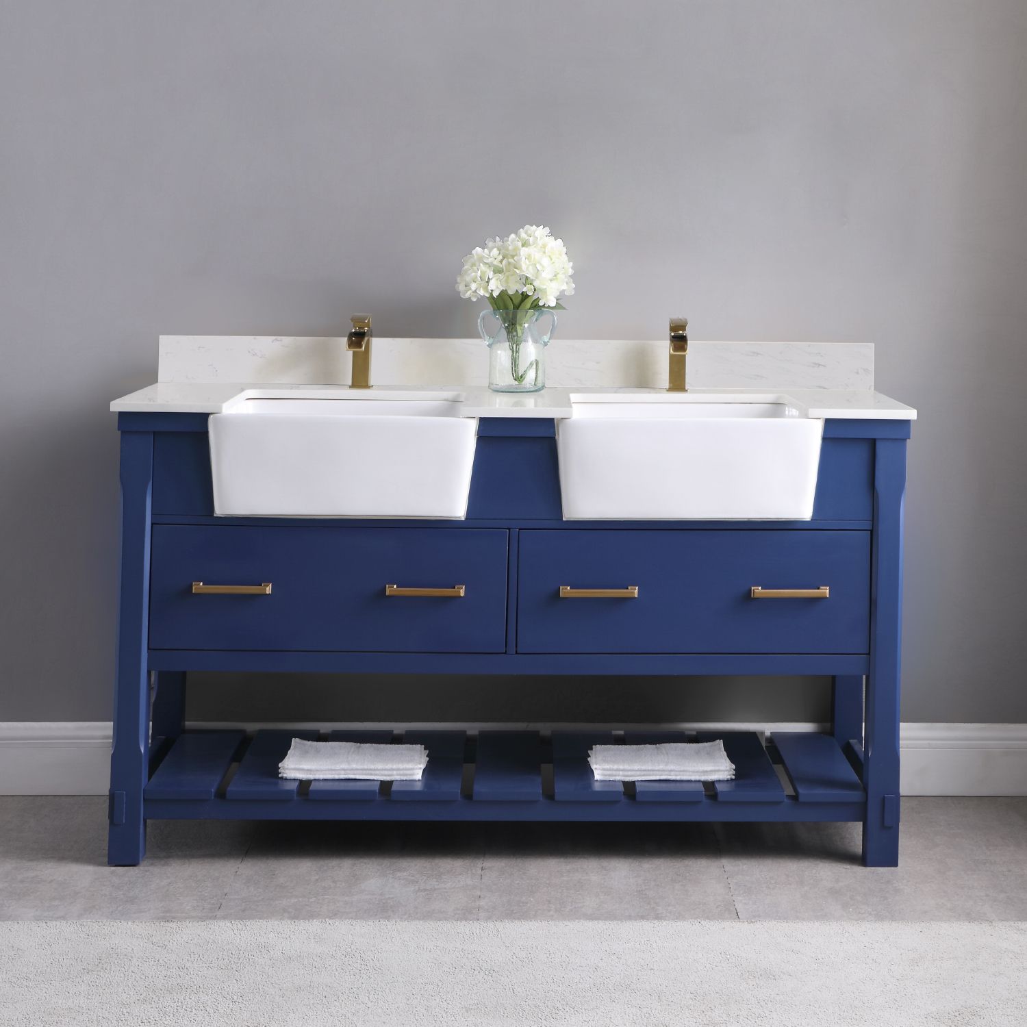 Issac Edwards Collection 60" Double Bathroom Vanity Set in Jewelry Blue and Composite Carrara White Stone Top with White Farmhouse Basin without Mirror