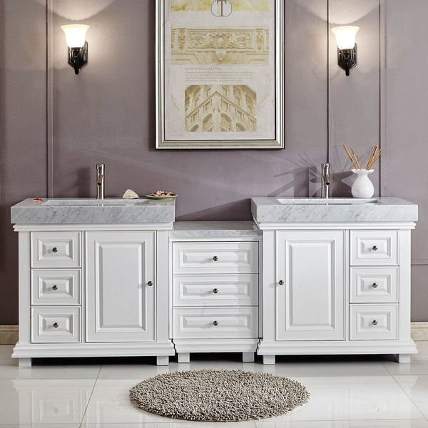 90 inch Double Sink Bathroom Vanity White Finish Integrated Carrara Marble Sink