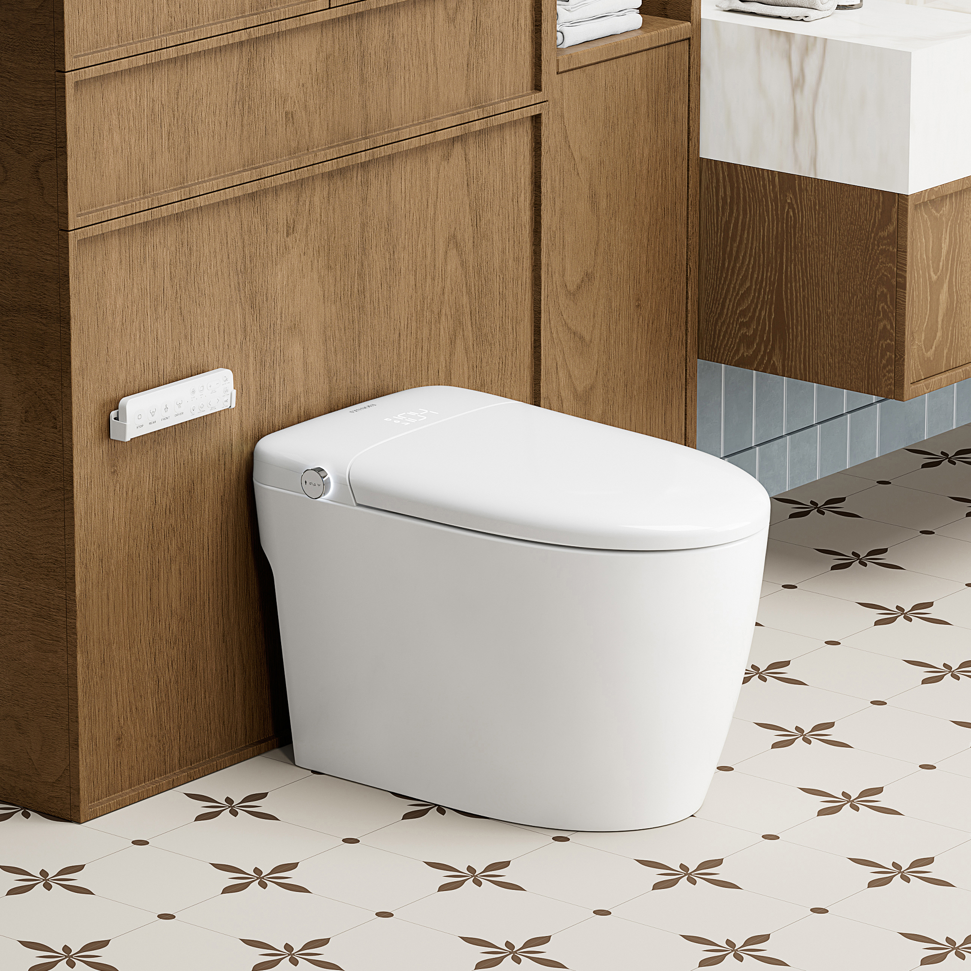 Smart Toilet Bidet in White with LED Display, Remote, Blackout Flush, Off-Seat Auto Flush, Heated Seat and Warm Air Dryer