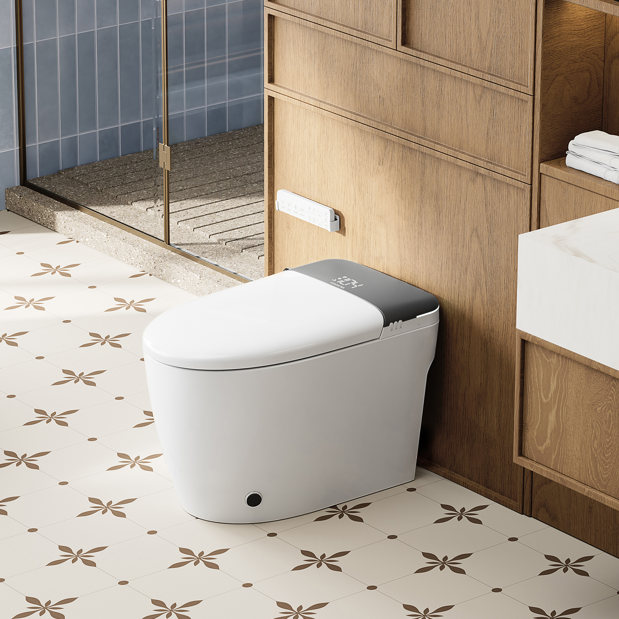 Smart Toilet Bidet in White with LED Display, Remote, Blackout Flush, Off-Seat Auto Flush, Auto Open & Close White/Gray Lid, Heated Seat and Warm Air Dryer, Foot Sensor Operation