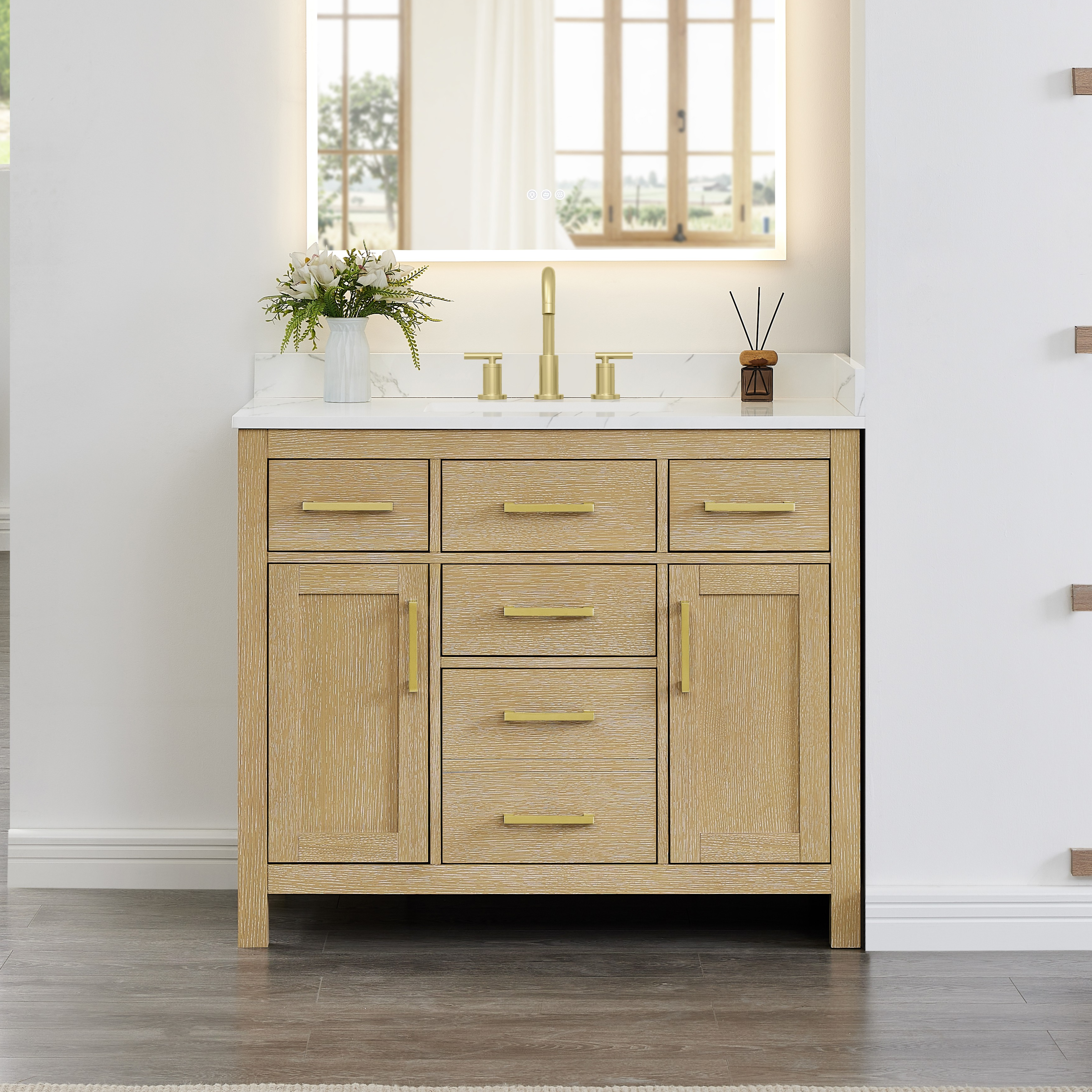 42 Inch Single Bathroom Vanity in Whitewashed Oak, Brushed Gold Trim with 3 Hardware Options and Countertop Options