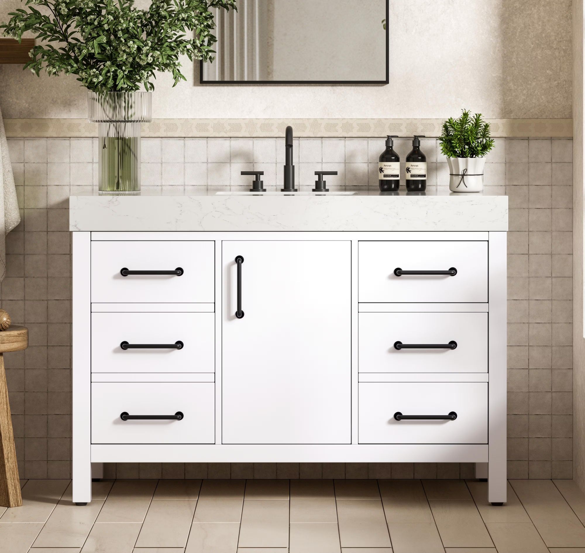 Modern Fitting 48" Transitional Bathroom Vanity in White with 4 Color Options and Backsplash Option