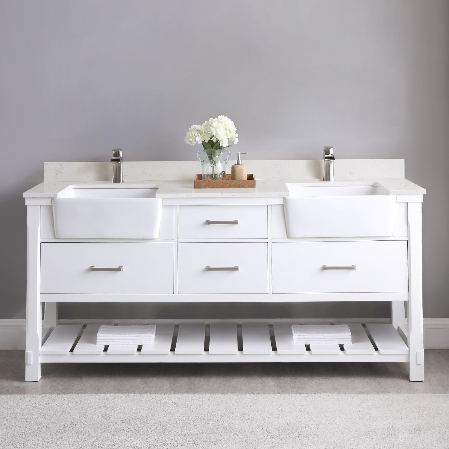 Issac Edwards Collection 72" Double Bathroom Vanity Set in White and Composite Carrara White Stone Top with White Farmhouse Basin without Mirror