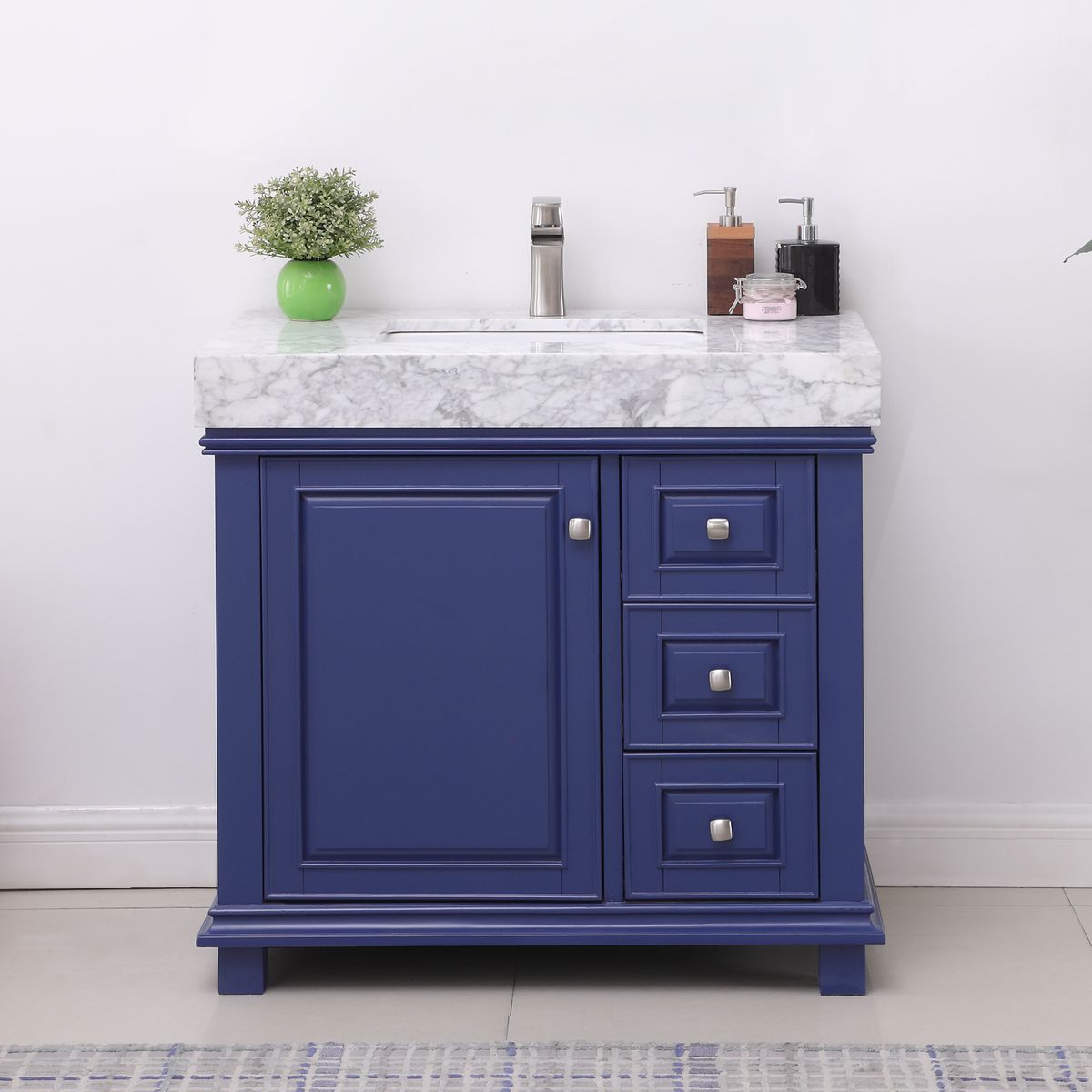 Issac Edwards Collection 36" Single Bathroom Vanity Set in Jewelry Blue and Carrara White Marble Countertop without Mirror