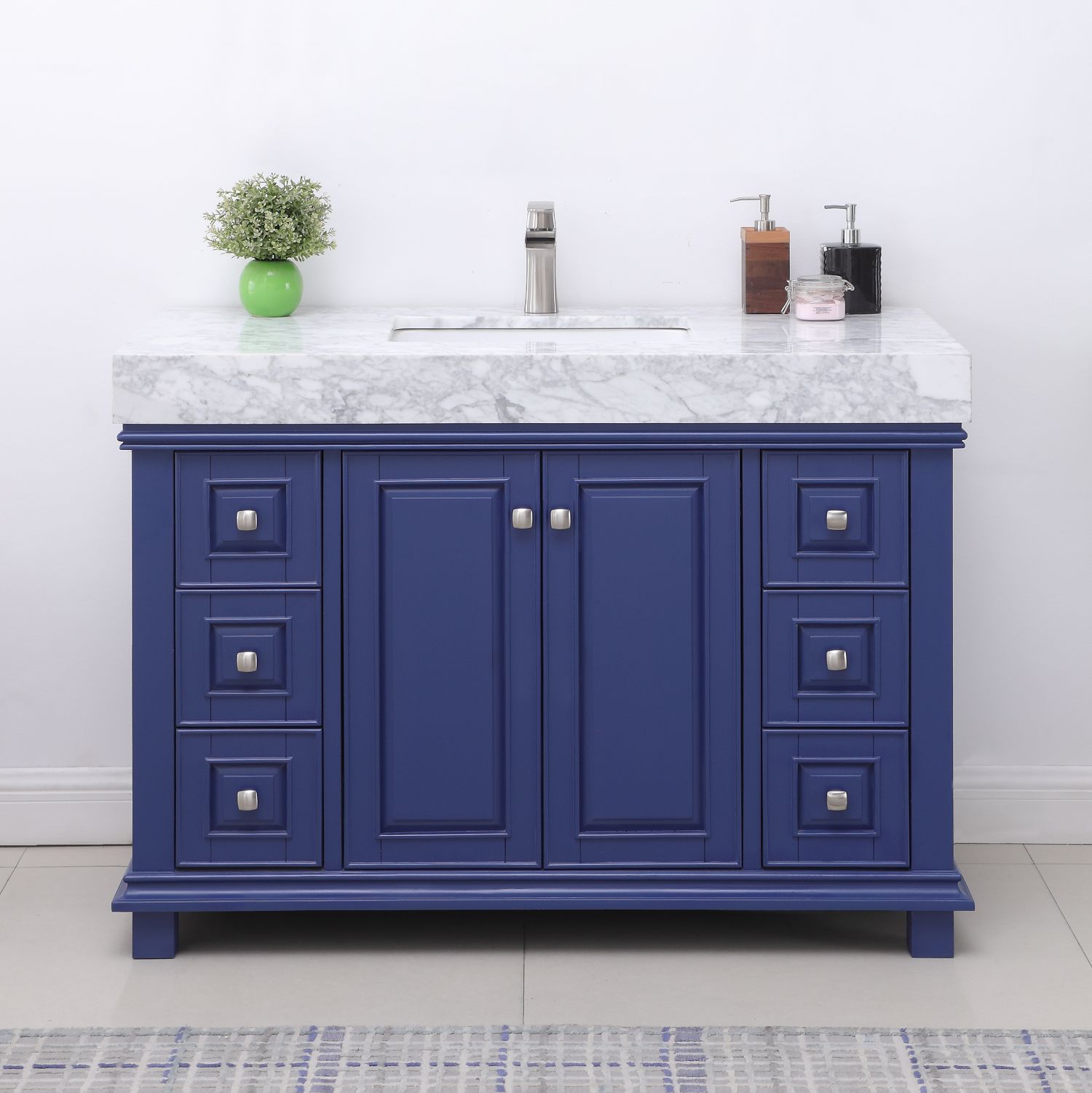 Issac Edwards Collection 48" Single Bathroom Vanity Set in Jewelry Blue and Carrara White Marble Countertop without Mirror