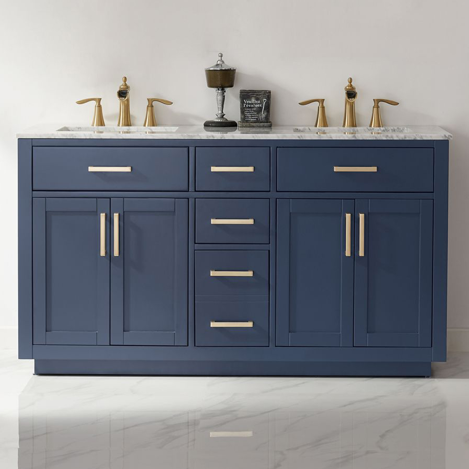 Issac Edwards Collection 60" Double Bathroom Vanity Set in Royal Blue and Carrara White Marble Countertop without Mirror