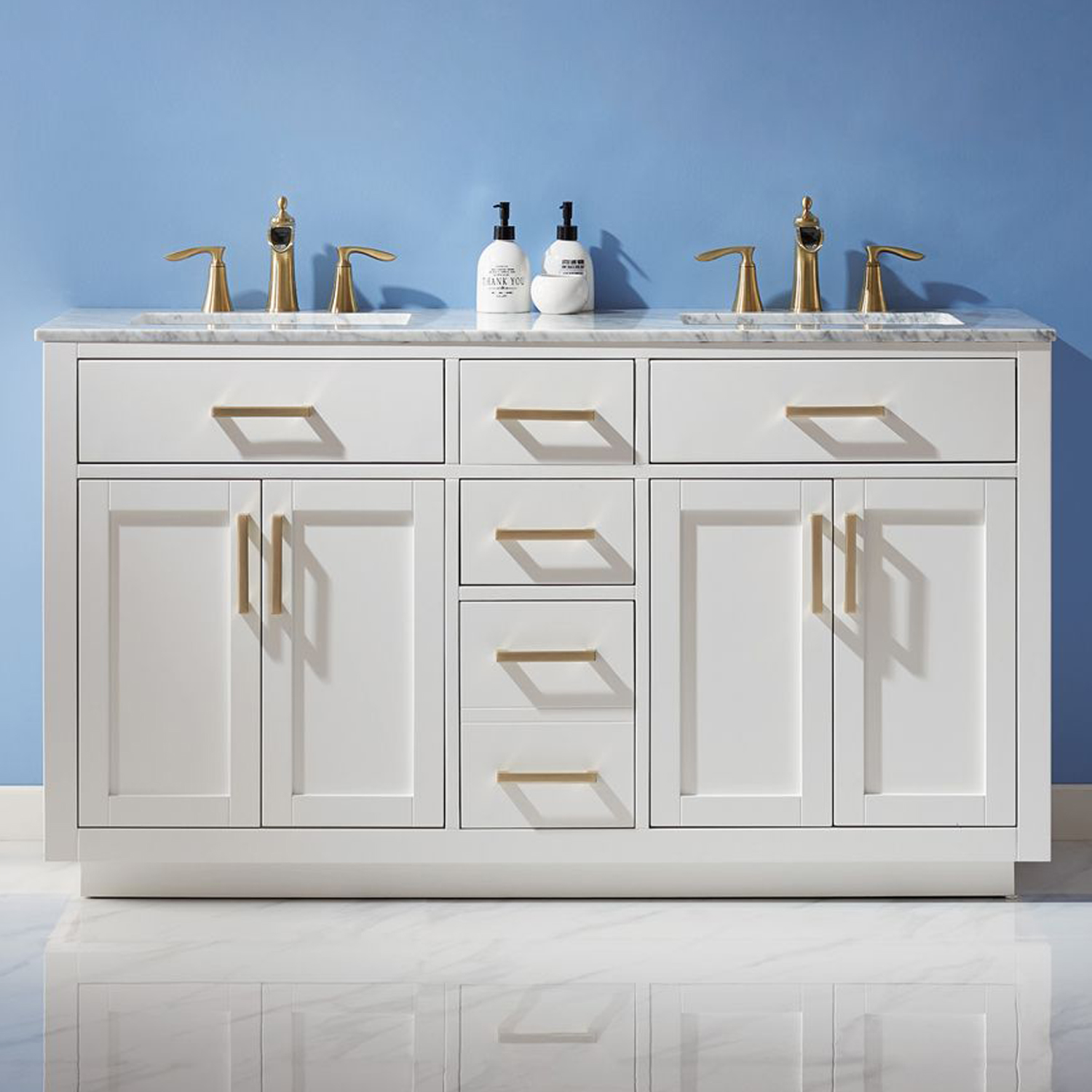 Issac Edwards Collection 60" Double Bathroom Vanity Set in White and Carrara White Marble Countertop without Mirror