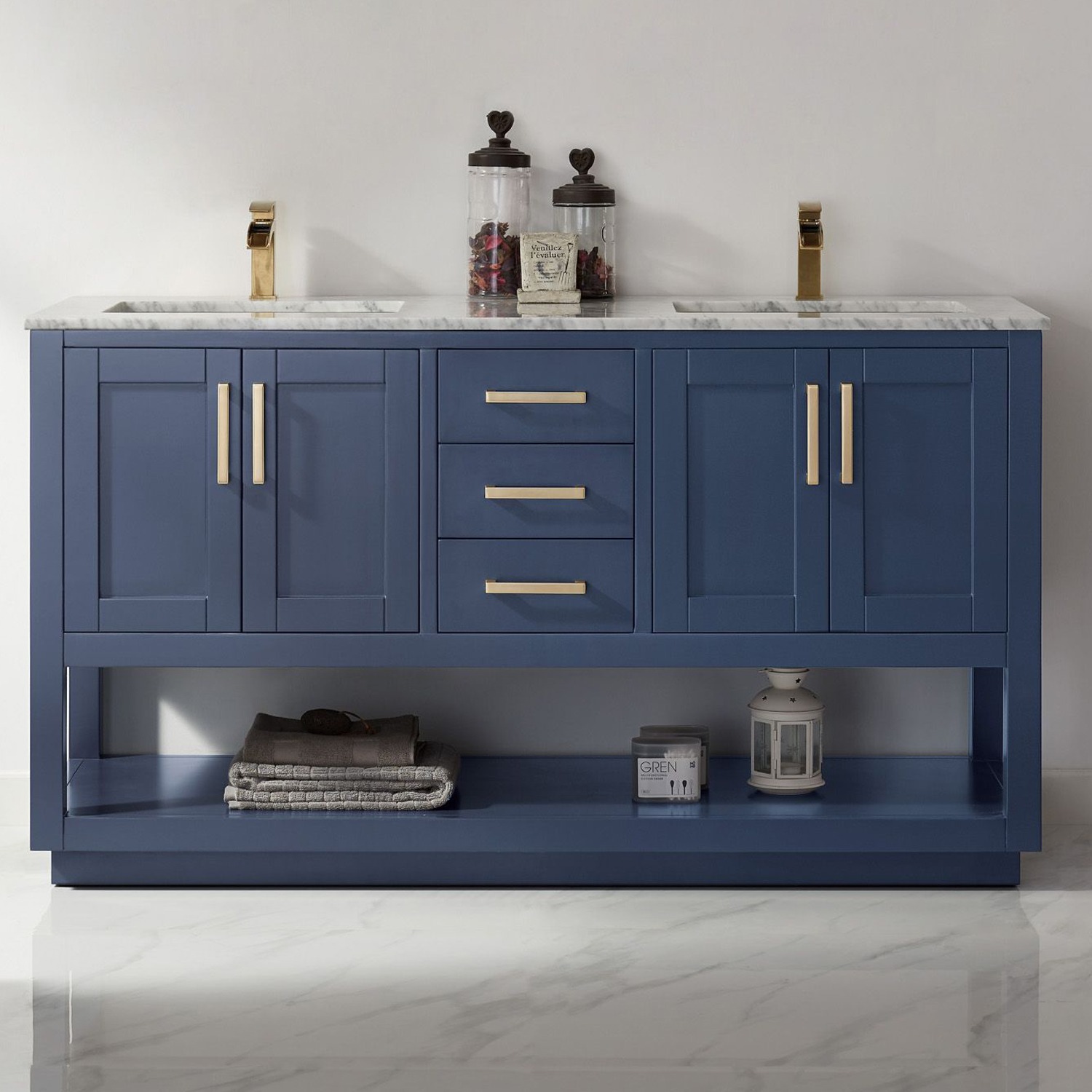 Issac Edwards Collection 60" Double Bathroom Vanity Set in Royal Blue and Carrara White Marble Countertop with Mirror Option