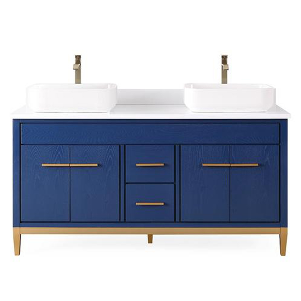 60" Blue Double Bathroom Vanity Vessel Sink, White Quartz Countertop with Backsplash