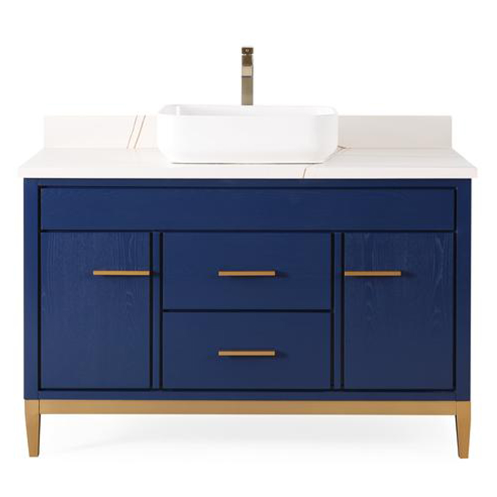 48" Blue Single Bathroom Vanity Vessel Sink, White Quartz Countertop with Backsplash