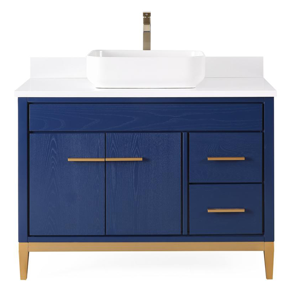 42" Modern Style Blue Single Bathroom Vanity Vessel Sink, White Quartz Countertop with Backsplash