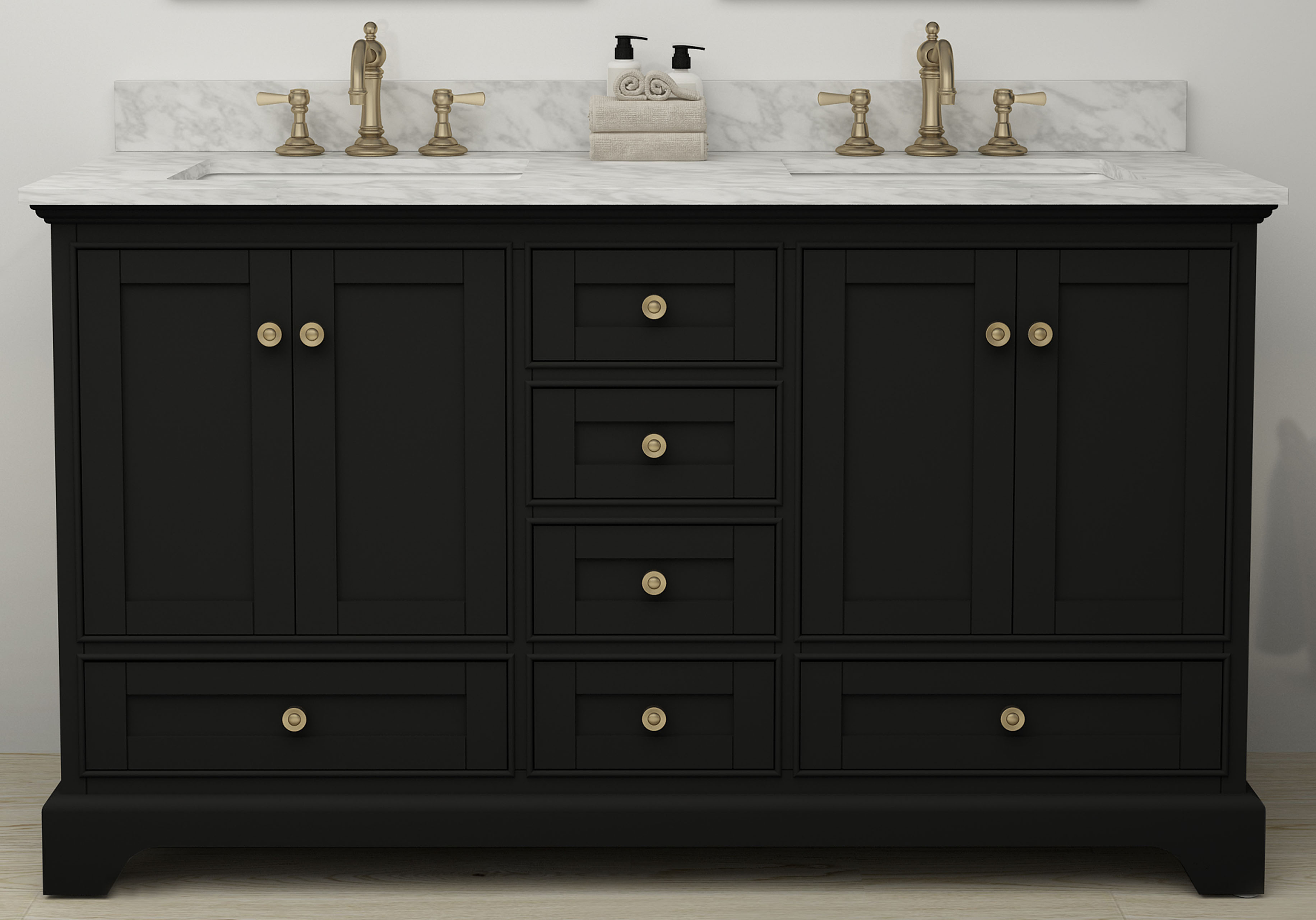 60" Bath Vanity Set in Black Onyx with Italian Carrara White Marble Vanity top and White Undermount Basin with Gold Hardware with Color and Mirror Options