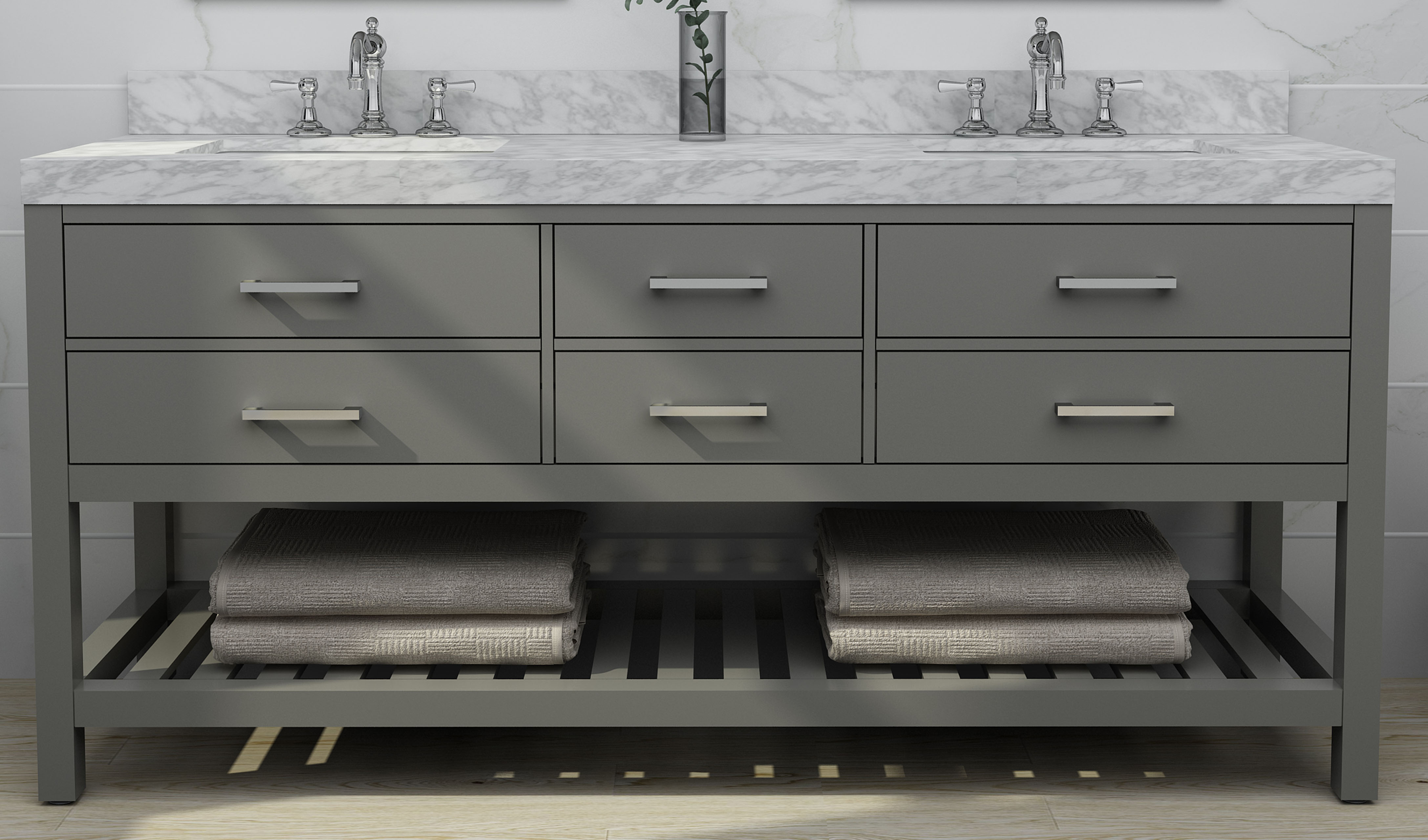 72" Double Sink Bath Vanity Set in Sapphire Gray with Italian Carrara White Marble Vanity top and White Undermount Basin