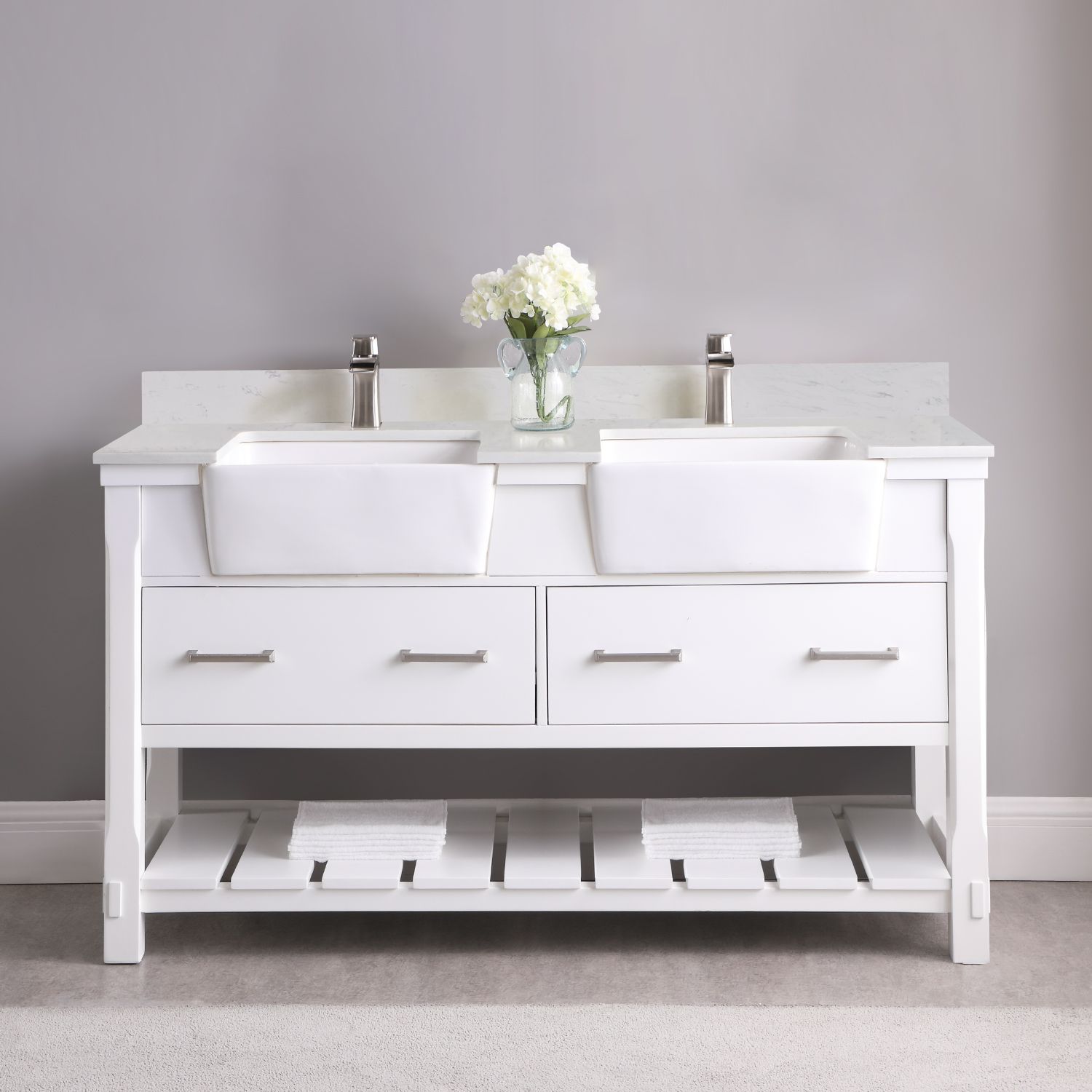 Issac Edwards Collection 60" Double Bathroom Vanity Set in White and Composite Carrara White Stone Top with White Farmhouse Basin without Mirror