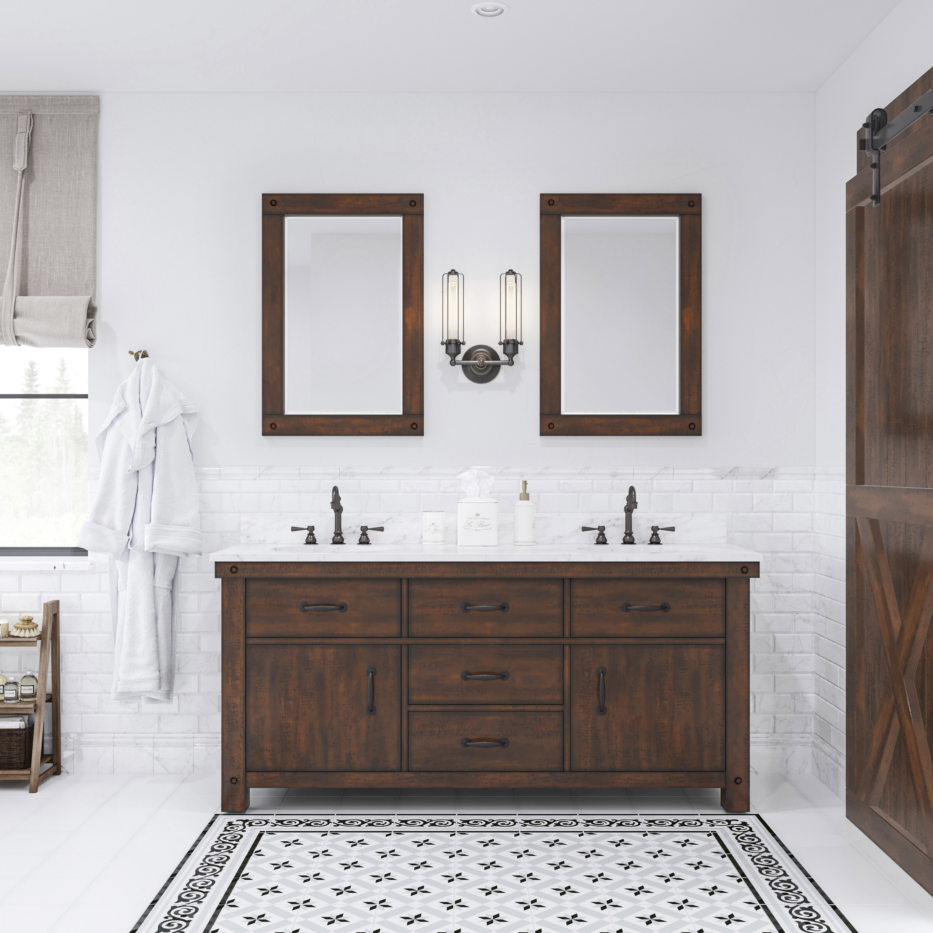 72" Double Sink 1" thick White Carrara Marble Countertop Vanity in Rustic Sierra with Mirror and Faucet Options