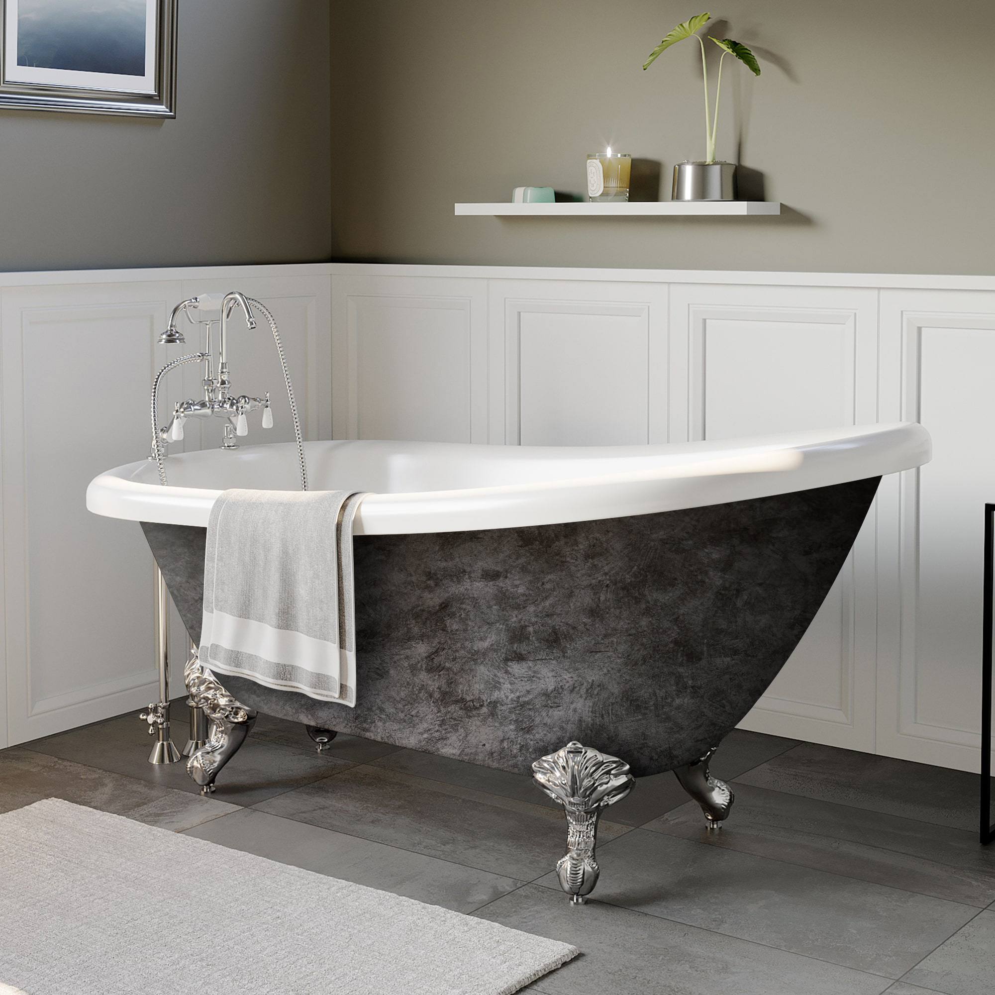 Cambridge Scorched Platinum 67" x 28" Acrylic Slipper Bathtub with  "7" Deck Mount Faucet Holes and Polished Chrome Ball and Claw Feet