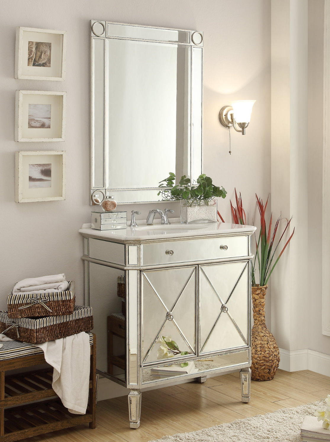 32 inch Adelina Mirrored Silver Bathroom Vanity & Mirror