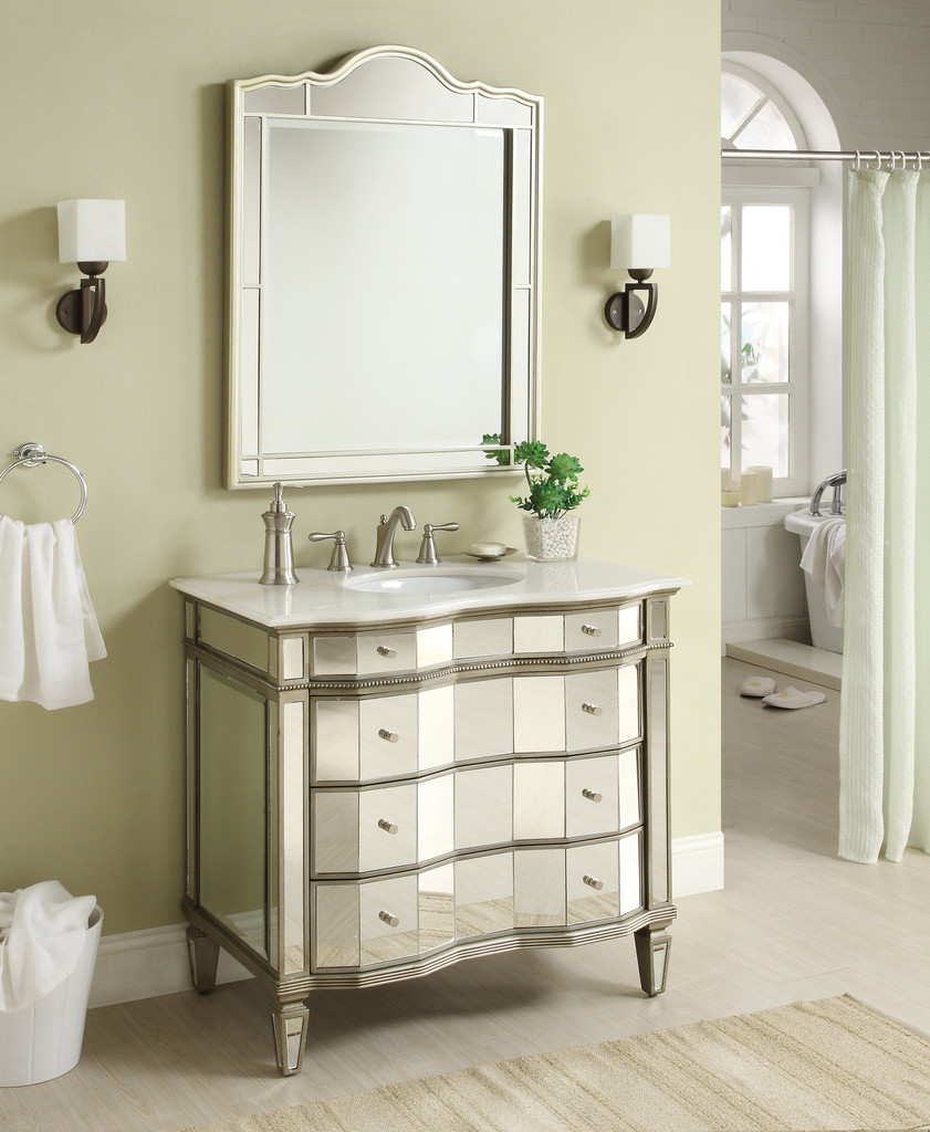 36 inch Adelina Mirrored Bathroom Vanity Imperial White Marble Top