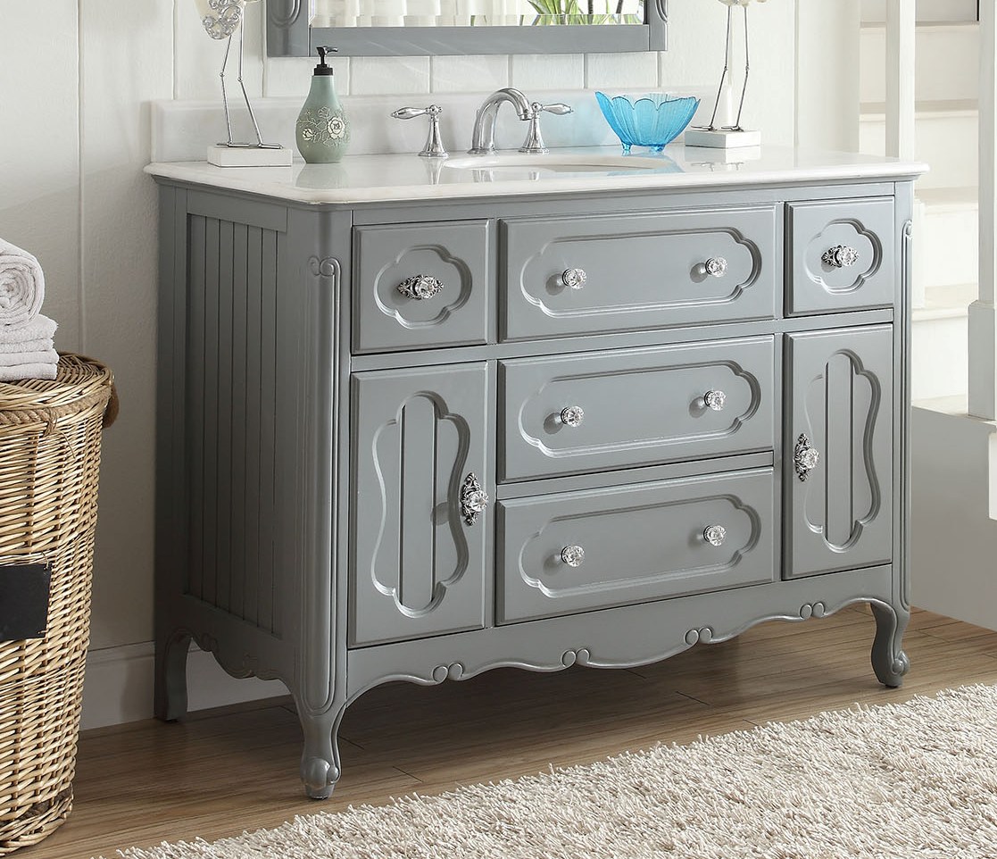 48 inch Adelina Antique Cottage Bathroom Vanity Grey Finish White Marble Top