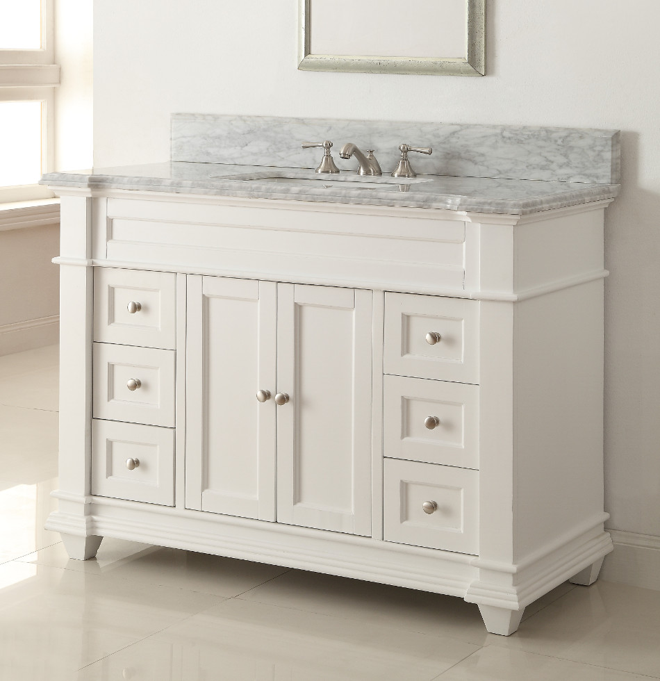 48 inch Adelina Bathroom Vanity White Finish Carrara Marble Top