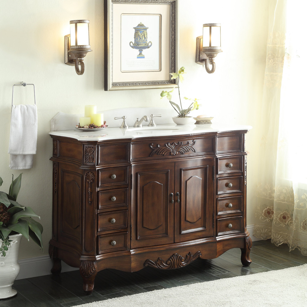 Adelina 56" Antique Style Bathroom Vanity, Fully Assembled, White Marble Counter Top