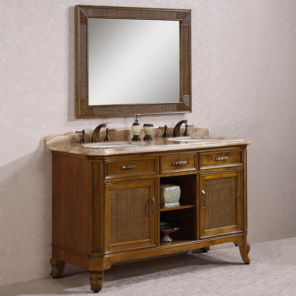Antique 60 inch Yellow Marble Top Light Brown Double Sink Bathroom Vanity 