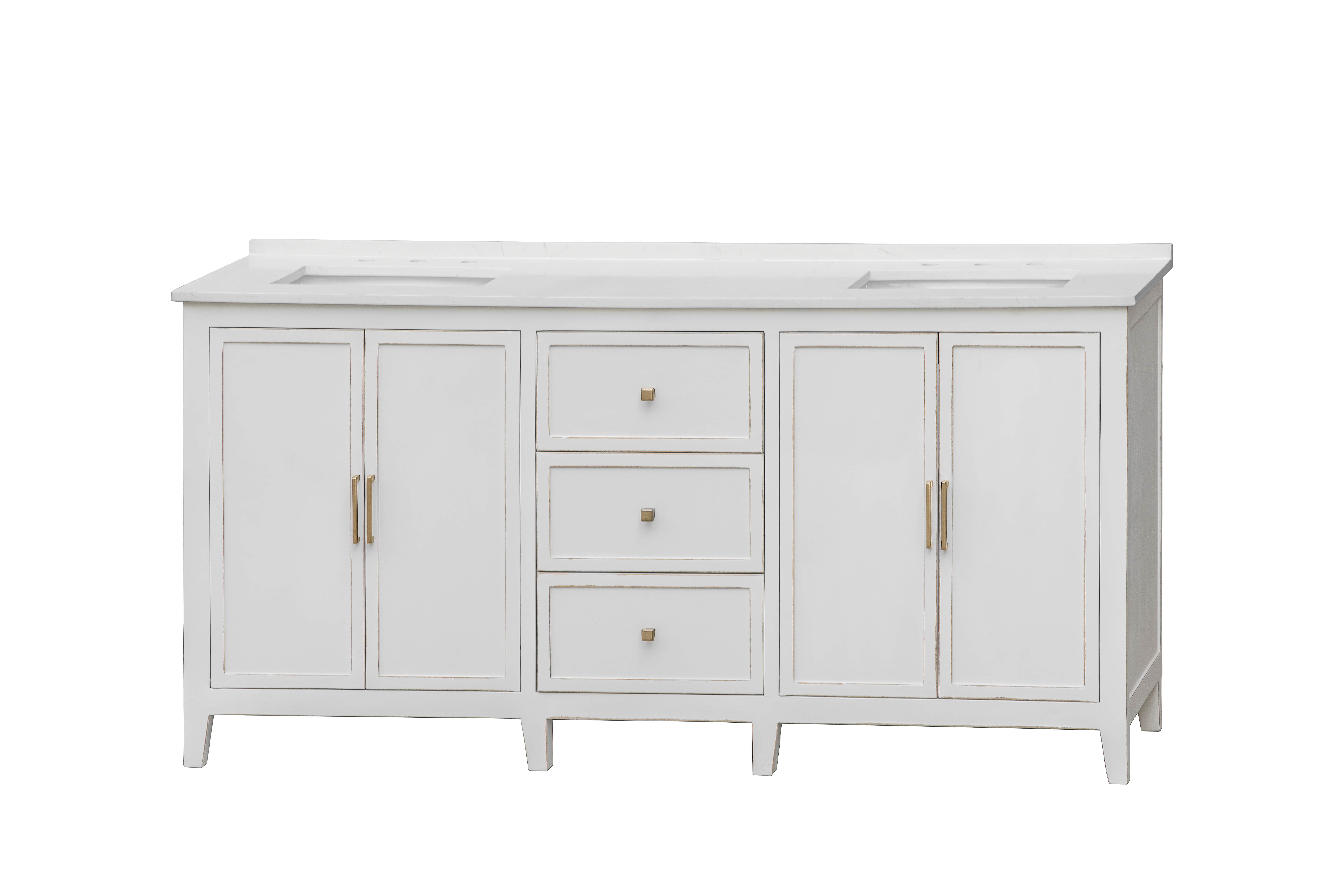 72" Double Sink Vanity in White Distressed Finish with White Quartz Top with Grey Veining