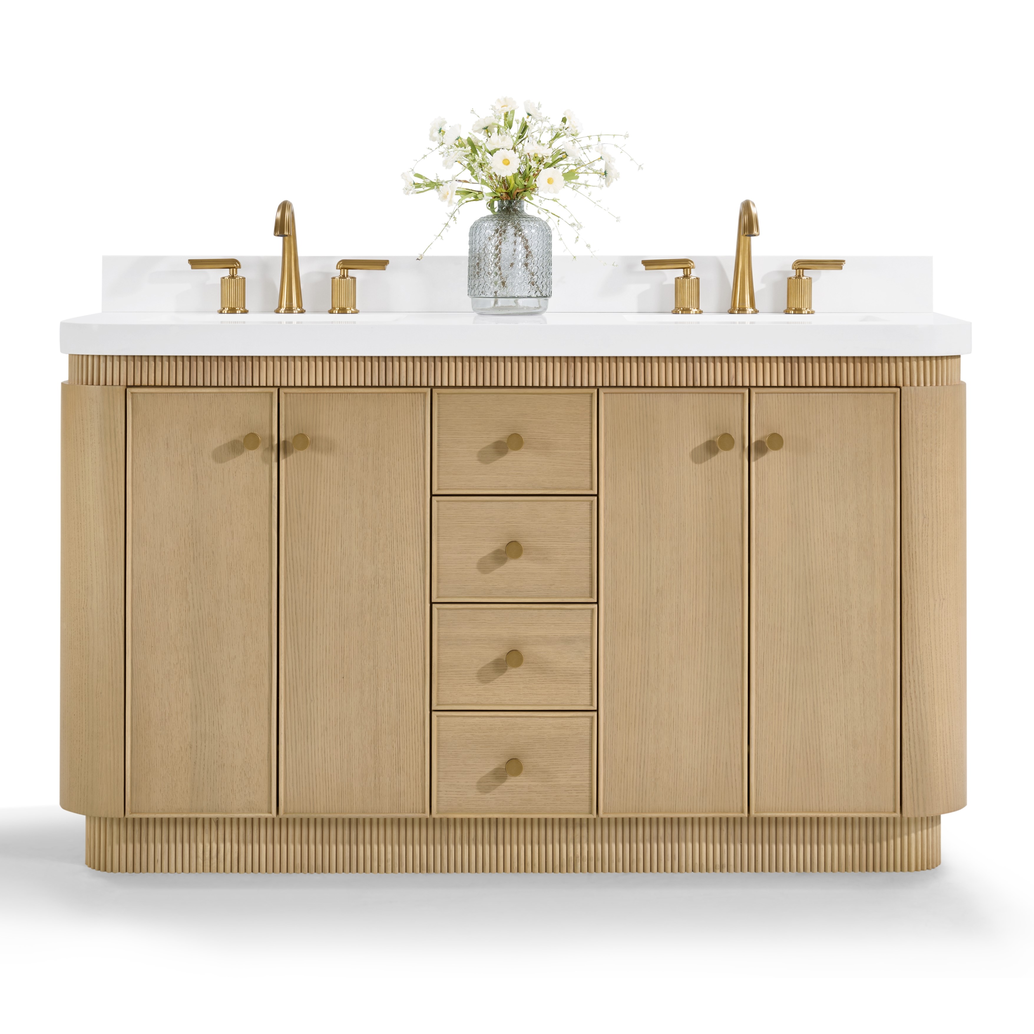 60" Bath Vanity Set in American Oak Finish with Alpine White Quartz Top