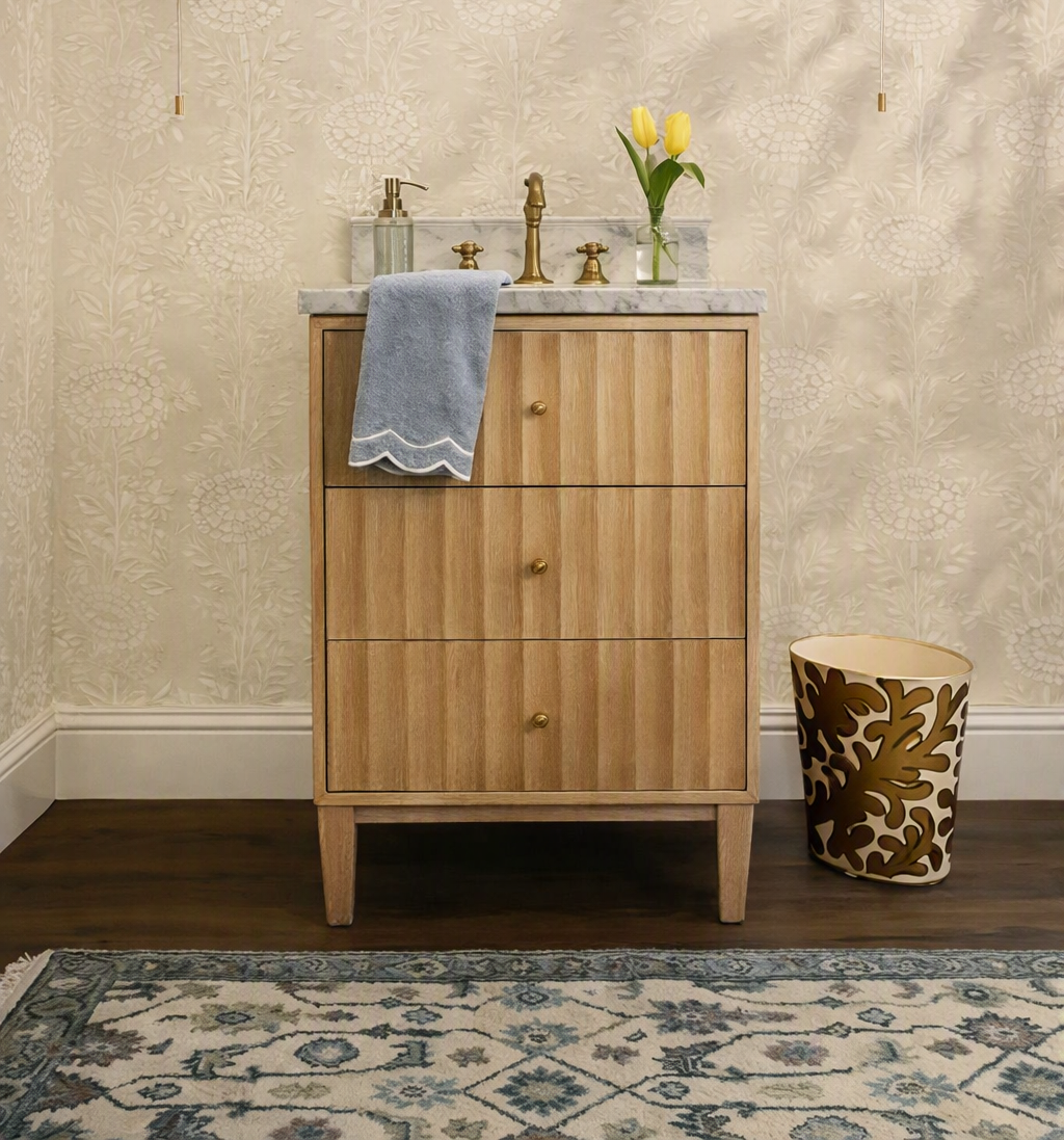 Issac Edwards 24" Bathroom Vanity with Vertical Fluted Detail with Polished Brass Knobs in Cerused Oak