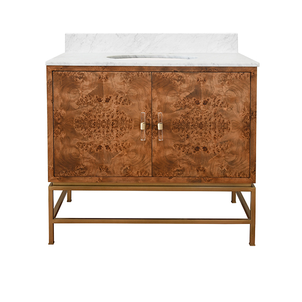 Bath Vanity in Matte Dark Burl Wood and Antique Brass with White Marble Top and Porcelain Sink