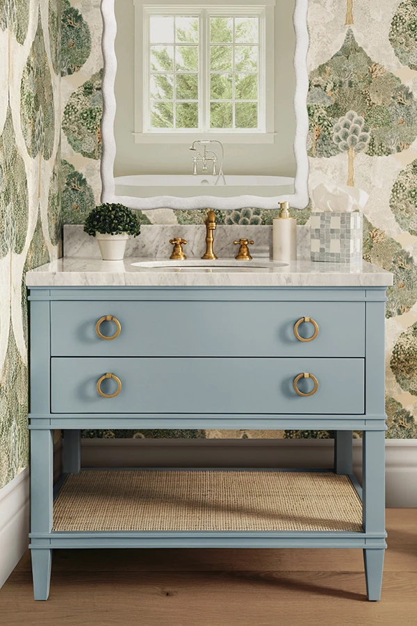 Issac Edwards 36.5" Bathroom Vanity in Matte Light Blue with Open Cane Shelf, White Marble Top, Porcelain Sink Issac Edwards 36.5" Bathroom Vanity in Matte Light Blue with Open Cane Shelf, White Marble Top, Porcelain Sink