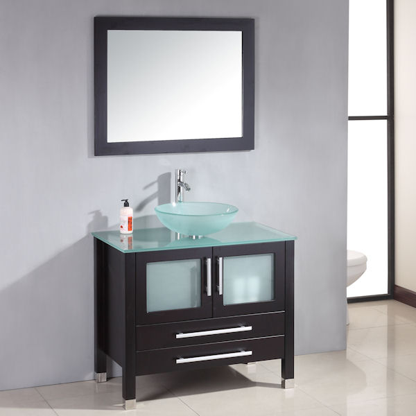 36" Solid Wood Glass Vessel Sink Set with a Polished Chrome Faucet